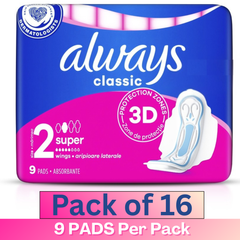 Always Classic 3D Protection Super Pads – Size 2, 9 Pads per Pack (Pack of 16)