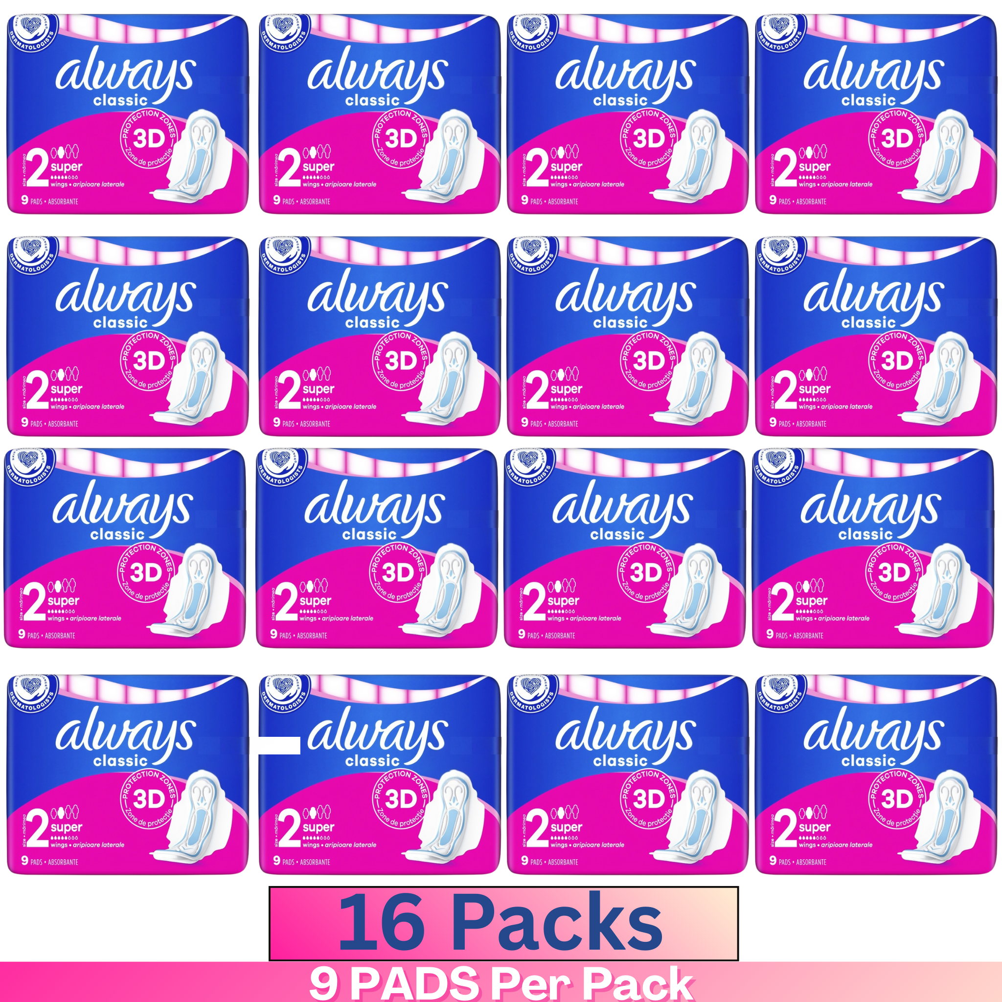 Always Classic 3D Protection Super Pads – Size 2, 9 Pads per Pack (Pack of 16)