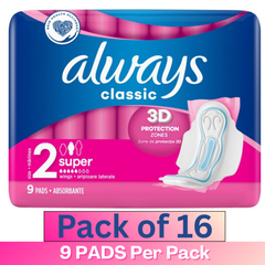 Always Classic 3D Protection Super Pads – Size 2 | 9 Pads per Pack (Pack of 16)