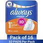 Always Classic 3D Protection Normal Pads with Wings Size 1 – 10 Pads per Pack – Wholesale Case of 16
