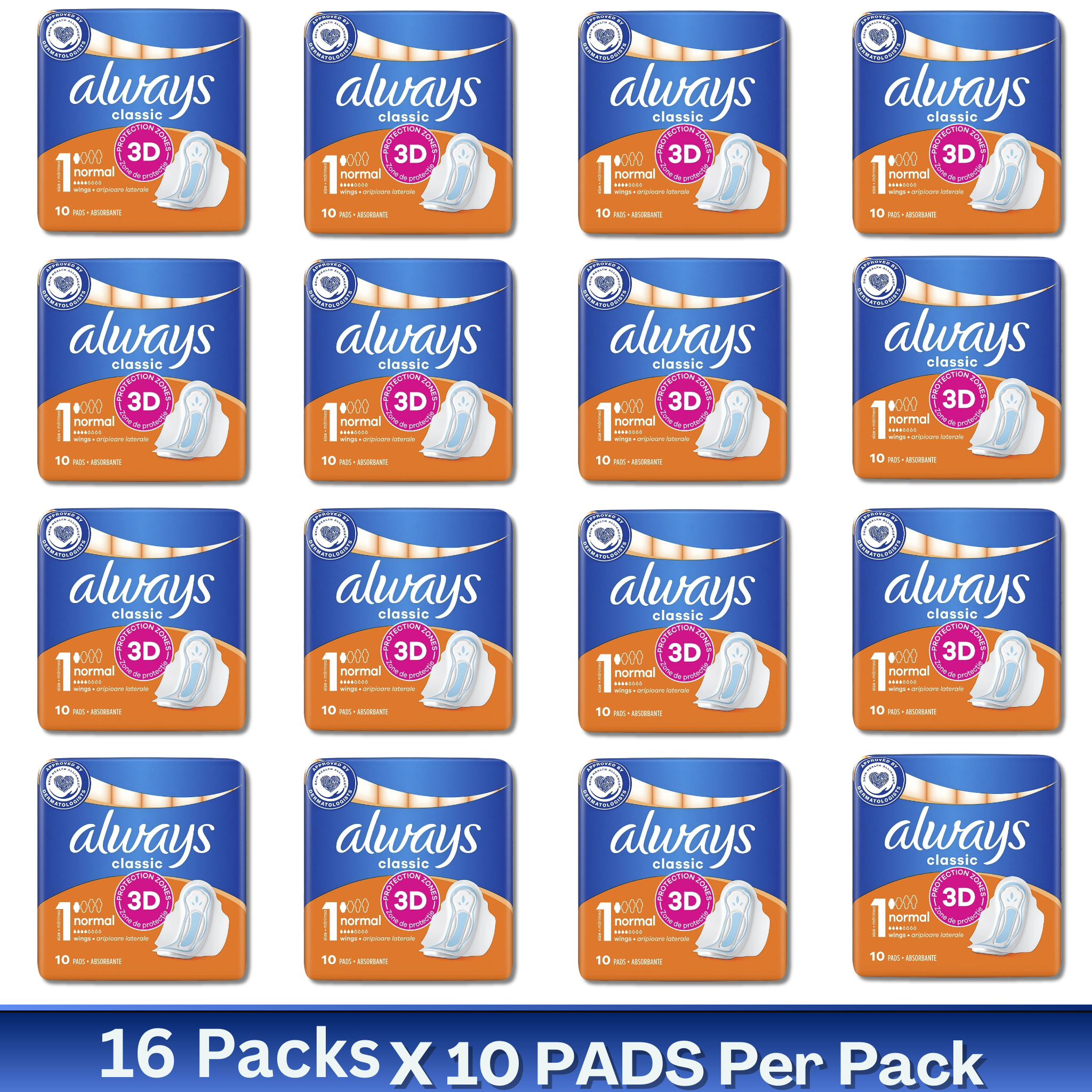 Always Classic 3D Protection Normal Pads with Wings Size 1 – 10 Pads per Pack – Wholesale Case of 16