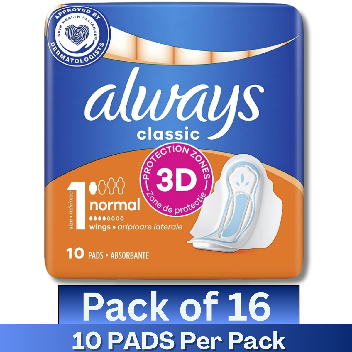 Always Classic 3D Protection Normal Pads with Wings Size 1 – 10 Pads per Pack – Wholesale Case of 16