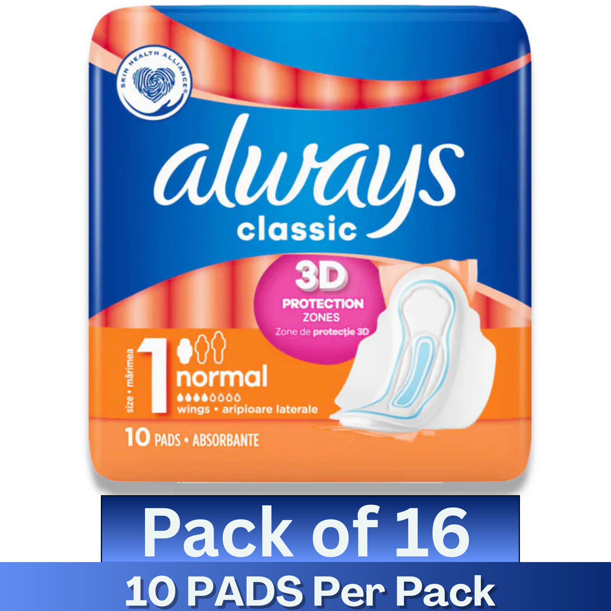 Always Classic 3D Protection Normal Pads with Wings Size 1 – 10 Pads per Pack – Wholesale Case of 16
