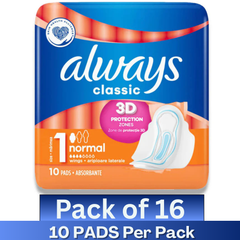Always Classic 3D Protection Normal Pads with Wings Size 1 – 10 Pads per Pack – Wholesale Case of 16