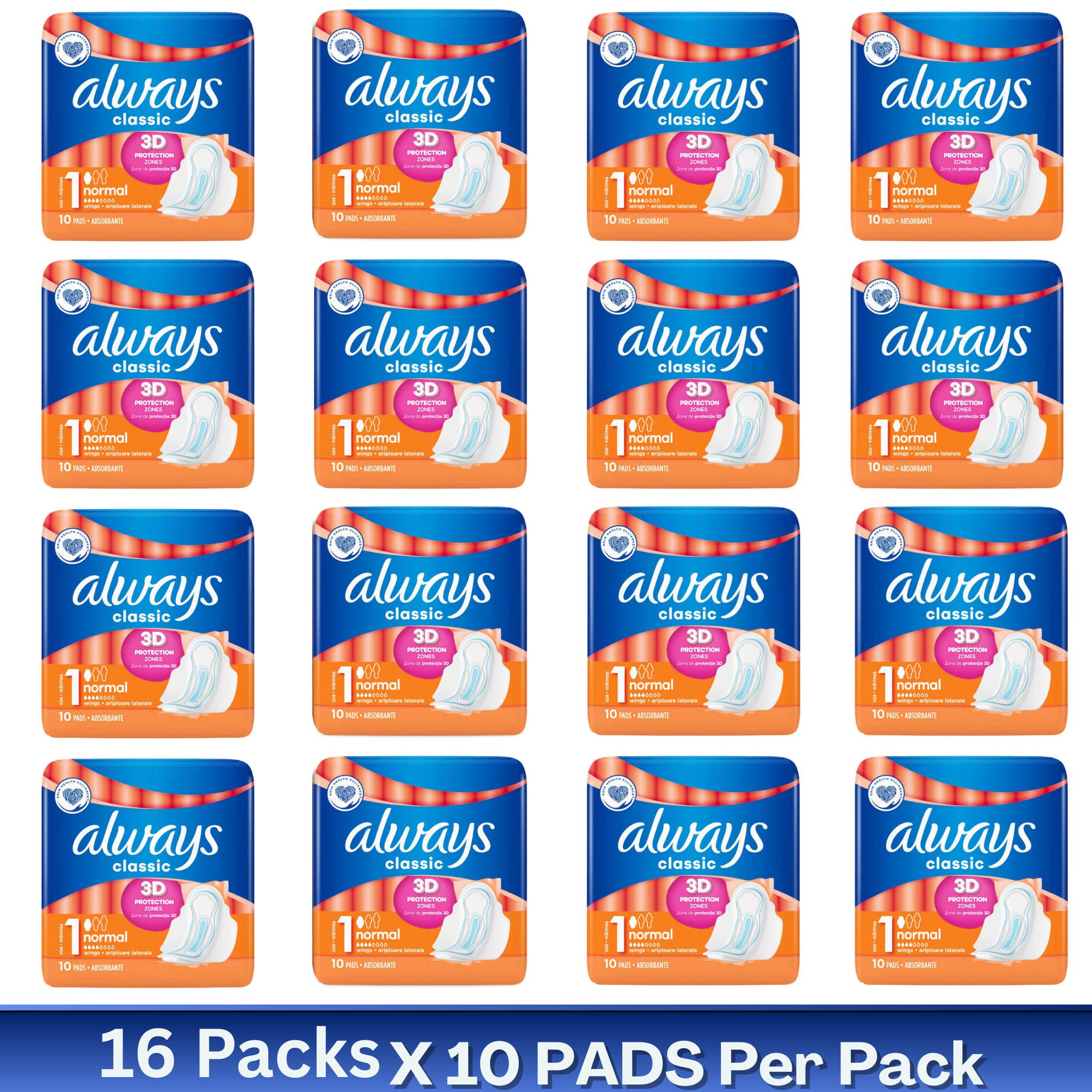 Always Classic 3D Protection Normal Pads with Wings Size 1 – 10 Pads per Pack – Wholesale Case of 16