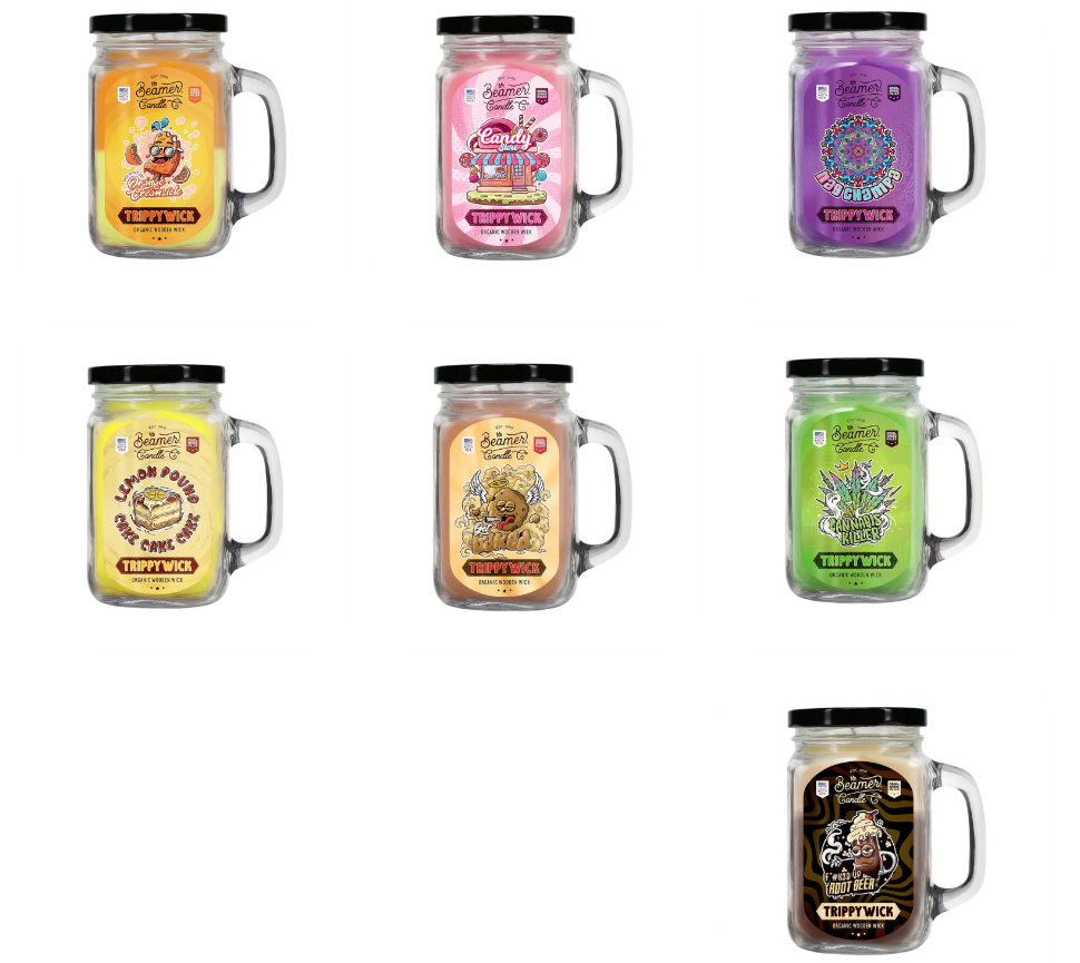 Beamer Trippy Wick 12oz Candle Collection with organic wooden wick, assorted scents in glass jars with black lids and colorful labels.