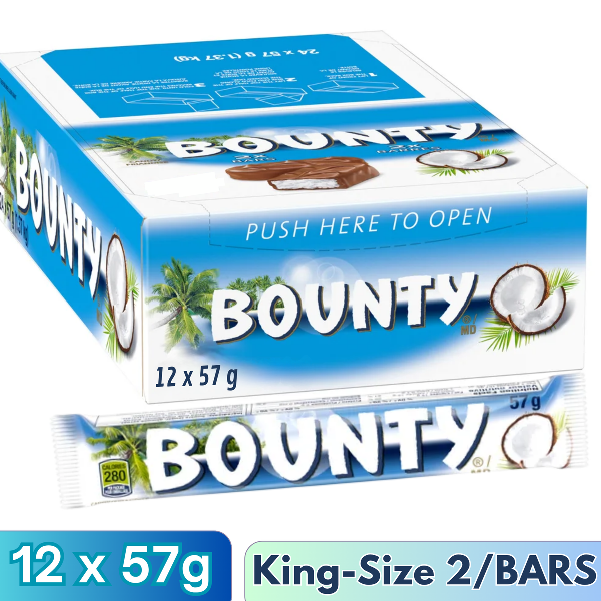 Bounty King Size Coconut Milk Chocolate Bars — Pack of 12 × 57g (2 Bars per pack)