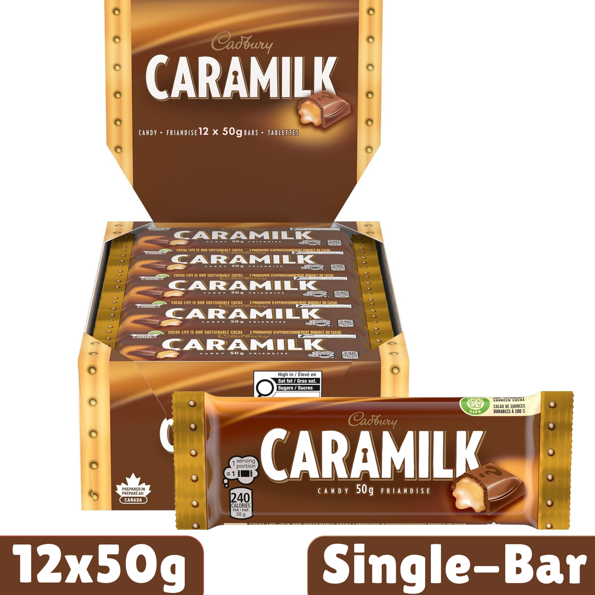 Cadbury Caramilk Single Caramel Milk Chocolate Bar — Pack of 12 × 50g