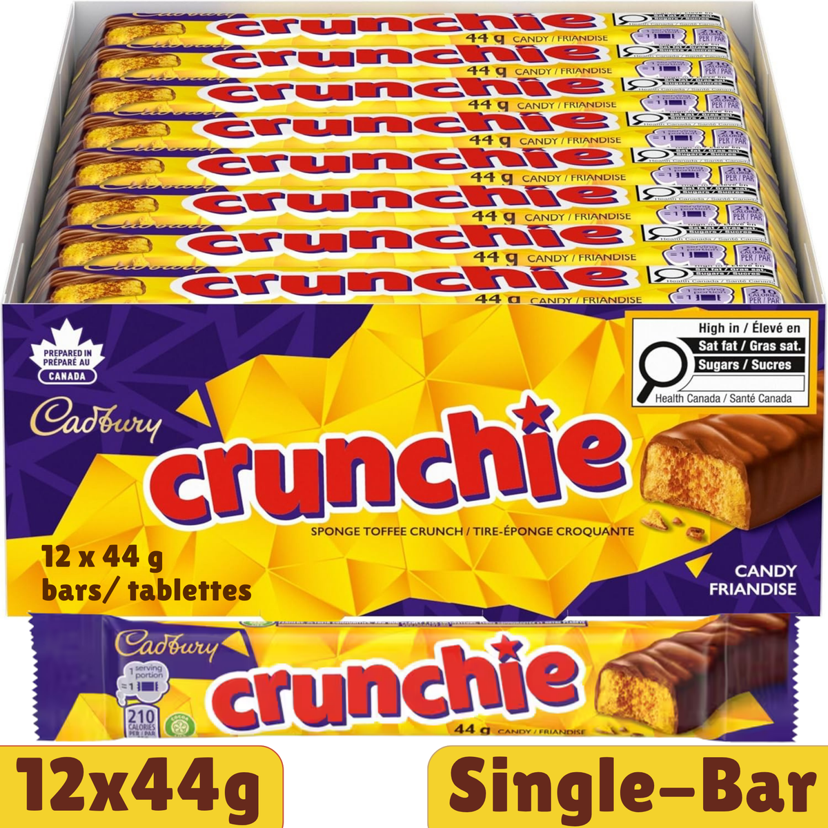 Cadbury Crunchie Single Honeycomb Milk Chocolate Bar — Pack of 12 × 44g