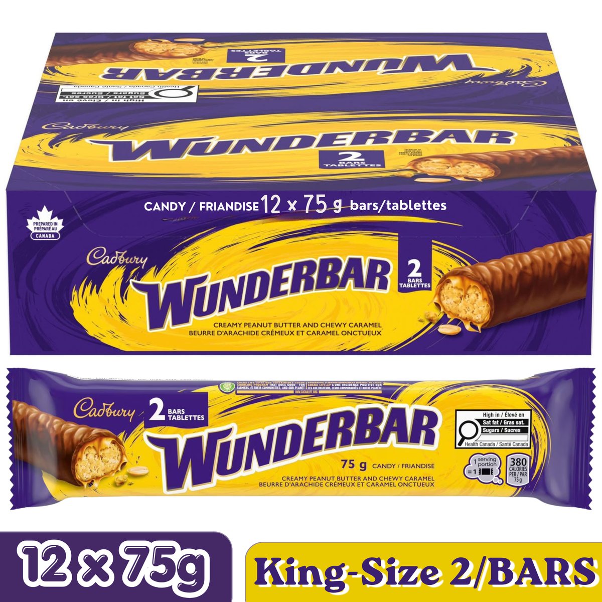 Cadbury Wunderbar Peanut Butter Caramel Milk Chocolate Bars — Pack of 12 × 75g (2 Bars per pack)