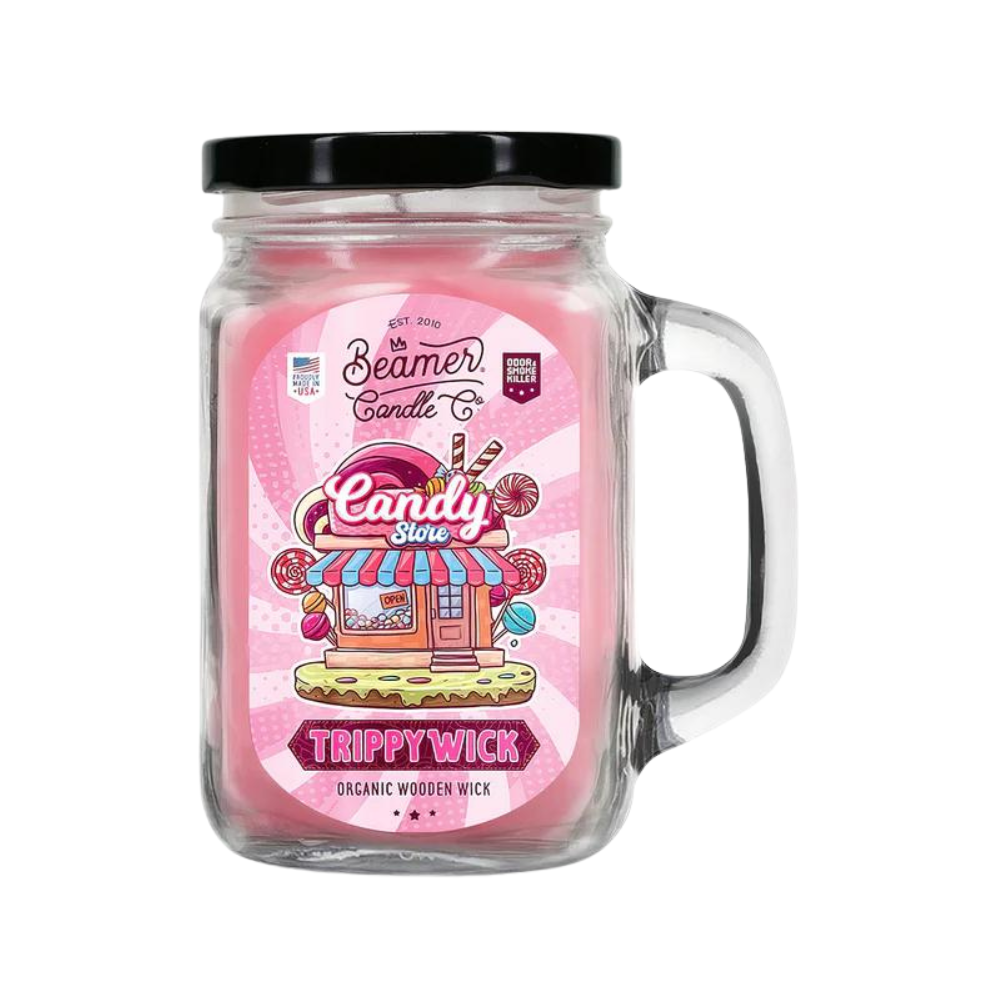 Beamer Trippy Wick Candle - Candy Store - 12oz pink candle with organic wooden wick in a glass jar