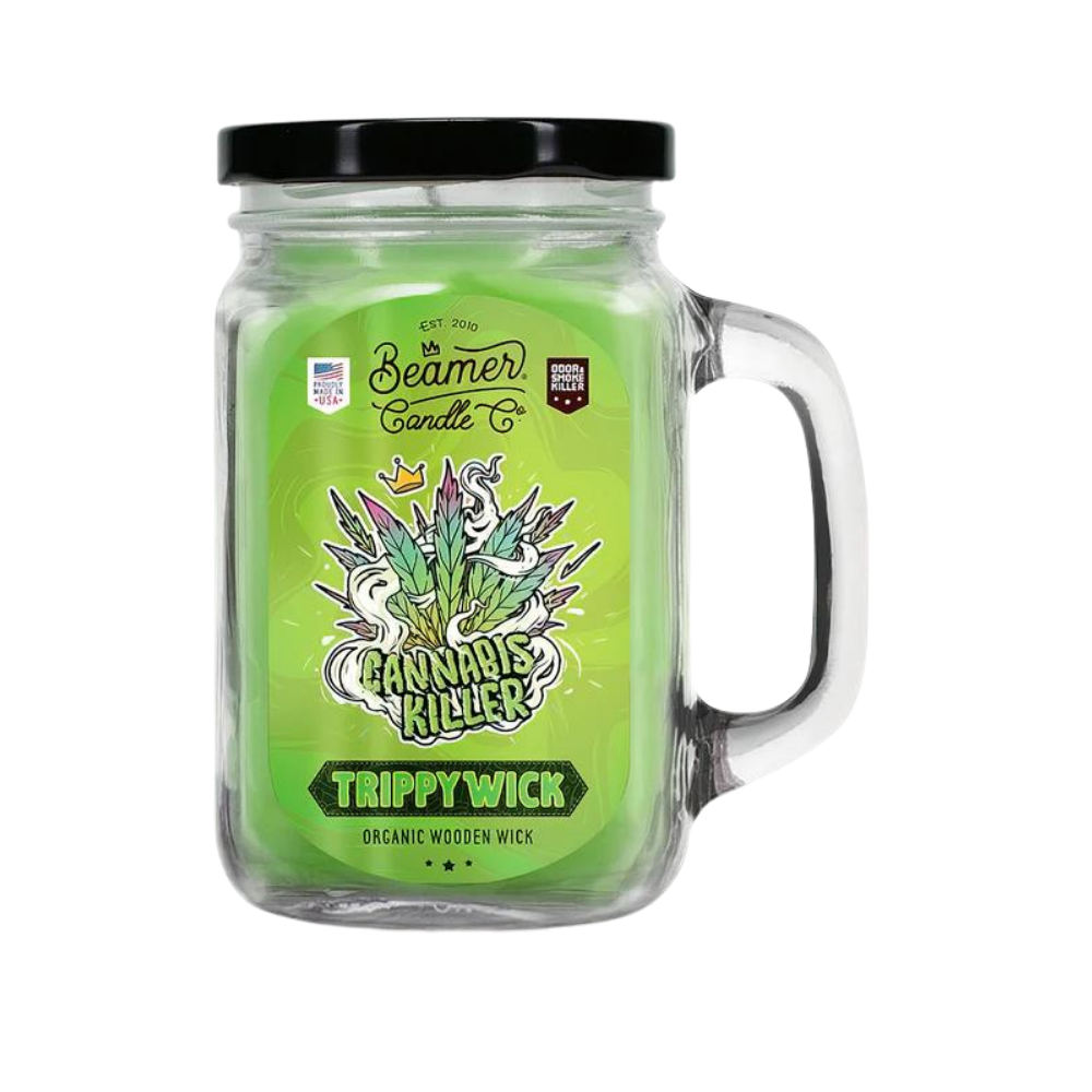 Beamer Trippy Wick Candle - Cannabis Killer - 12oz green candle with organic wooden wick in a glass jar