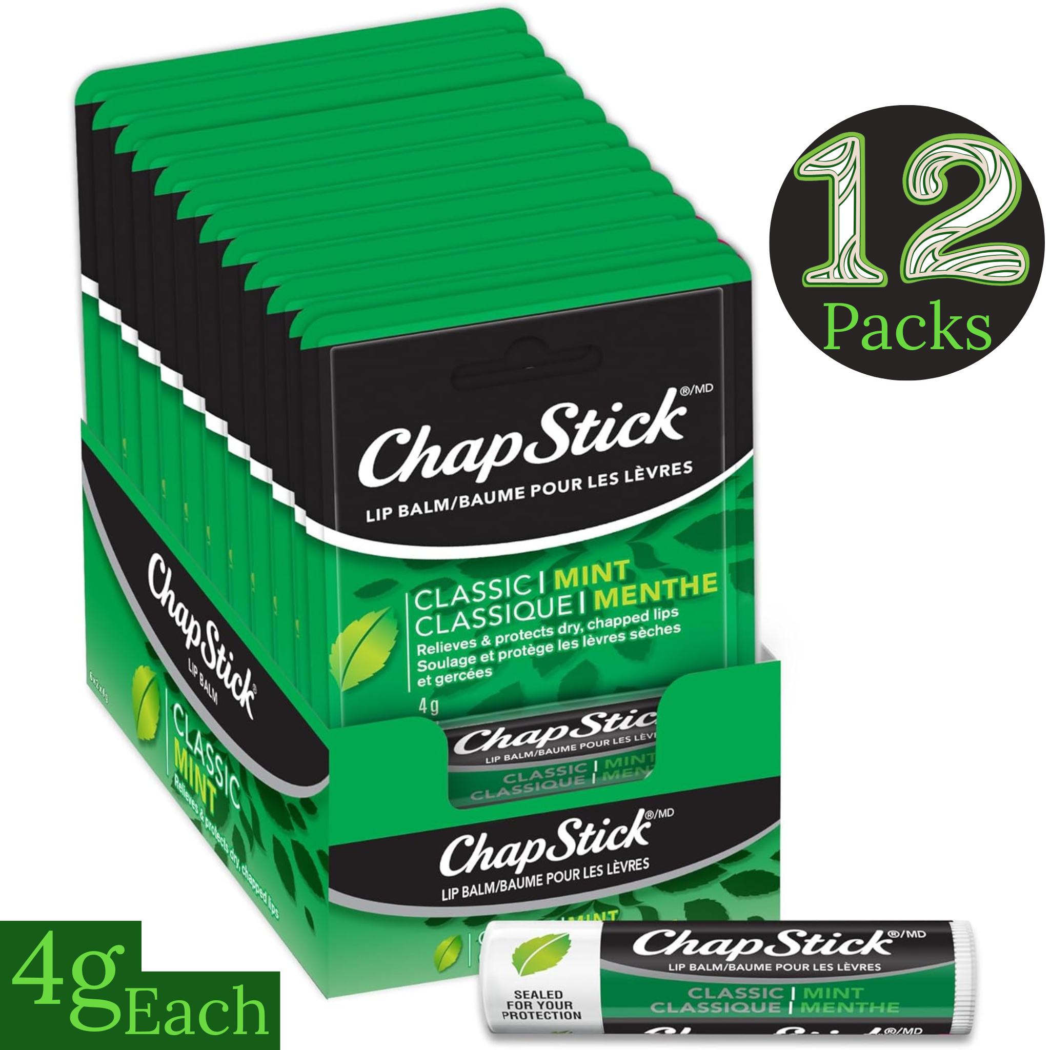 Wholesale case of 12 ChapStick Classic Mint lip balm tubes on a white background.