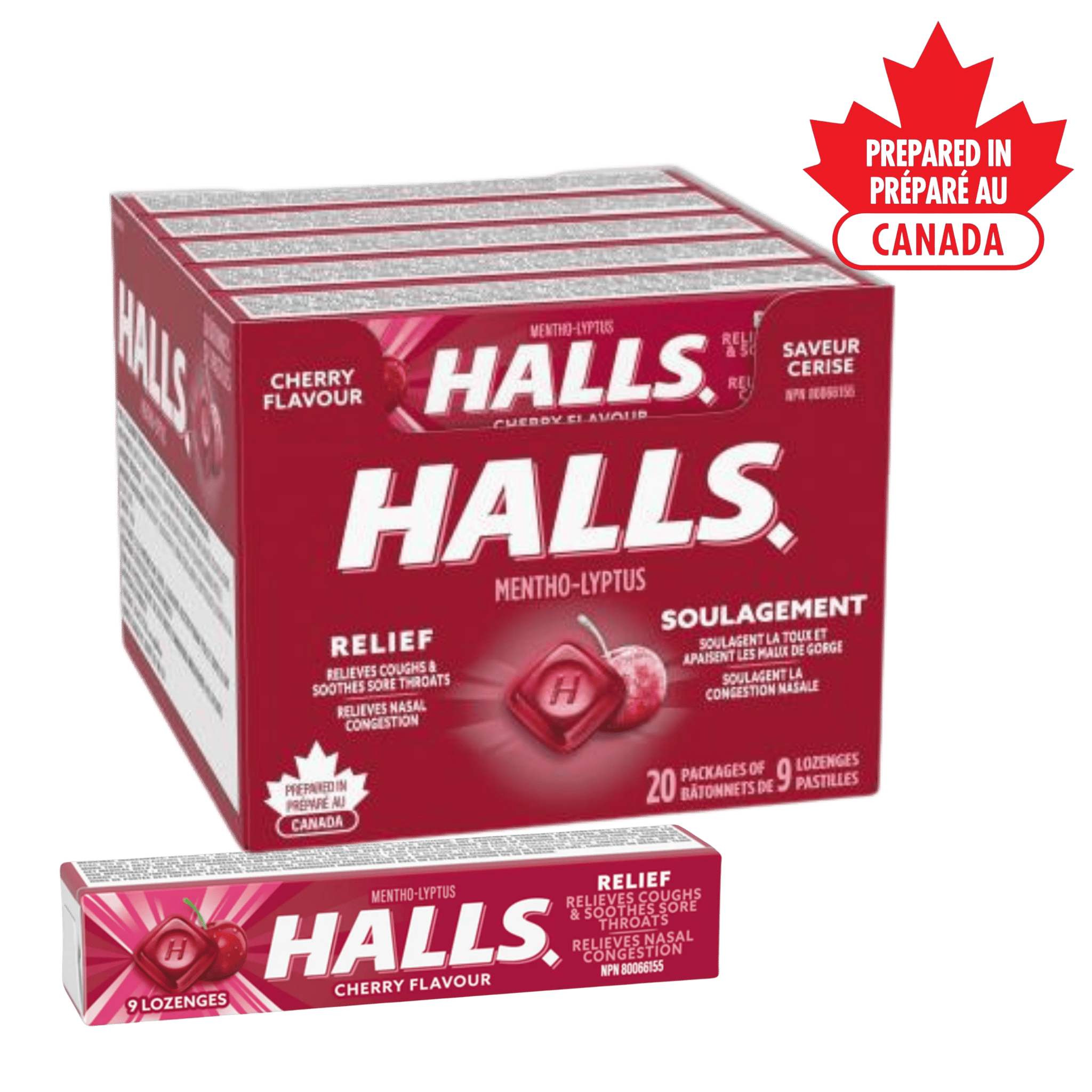 HALLS Cherry Cough Drops 20-Pack – Mentho-Lyptus Lozenges for Sore Throat Relief