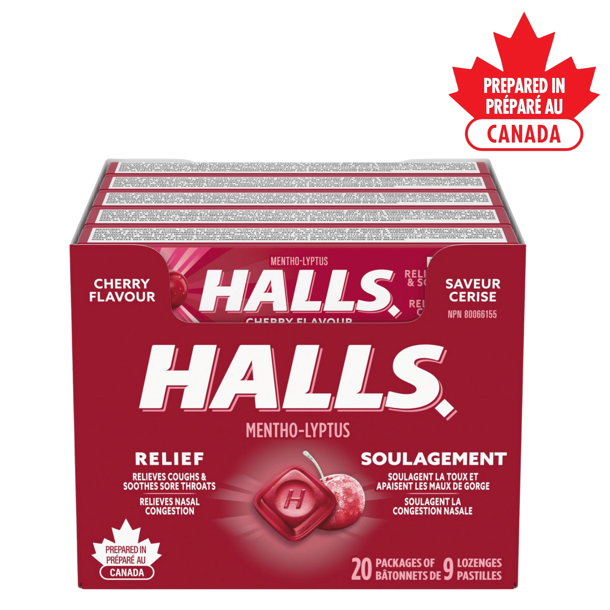 HALLS Cherry Cough Drops 20-Pack – Mentho-Lyptus Lozenges for Sore Throat Relief