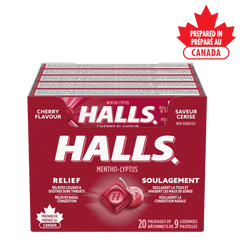 HALLS Cherry Cough Drops 20-Pack – Mentho-Lyptus Lozenges for Sore Throat Relief