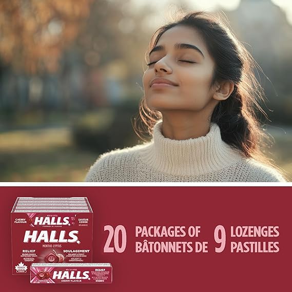 Woman enjoying deep, soothing breath with eyes closed in nature background, HALLS Cherry Cough Drops 20-Pack product visible below for sore throat and menthol relief