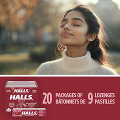 Woman enjoying deep, soothing breath with eyes closed in nature background, HALLS Cherry Cough Drops 20-Pack product visible below for sore throat and menthol relief
