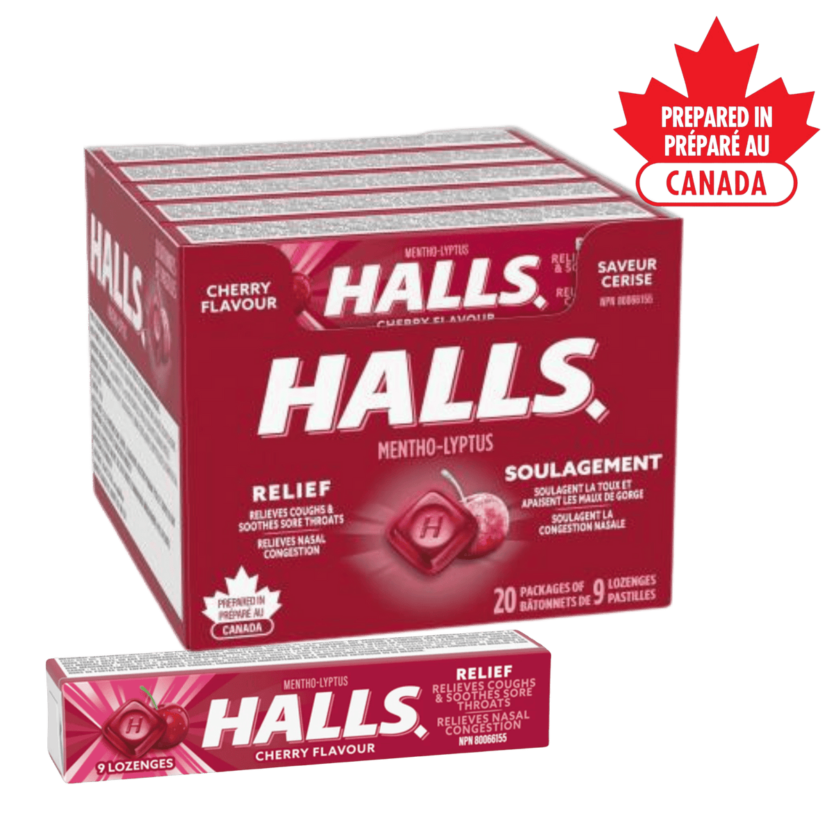 HALLS Cherry Cough Drops 20-Pack – Mentho-Lyptus Lozenges for Sore Throat Relief