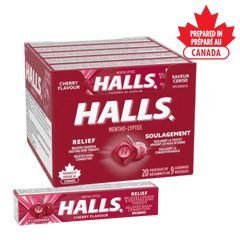 HALLS Cherry Cough Drops 20-Pack – Mentho-Lyptus Lozenges for Sore Throat Relief