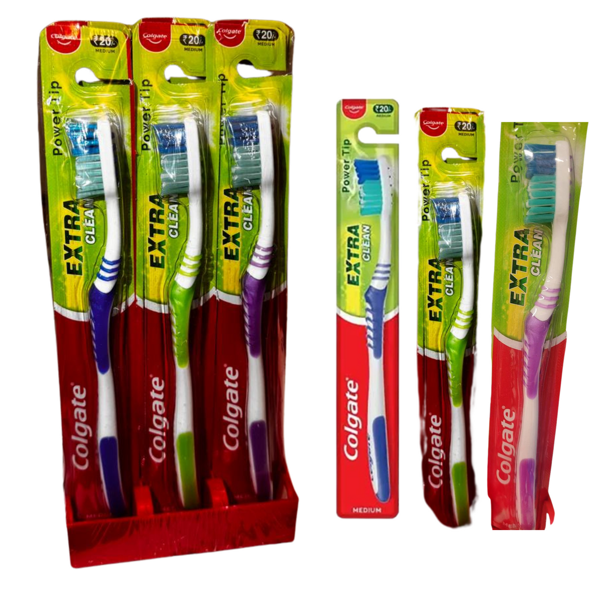 Colgate Extra Clean Power Tip Toothbrush – Medium Pack of 12 | Deep Cleaning Bristles