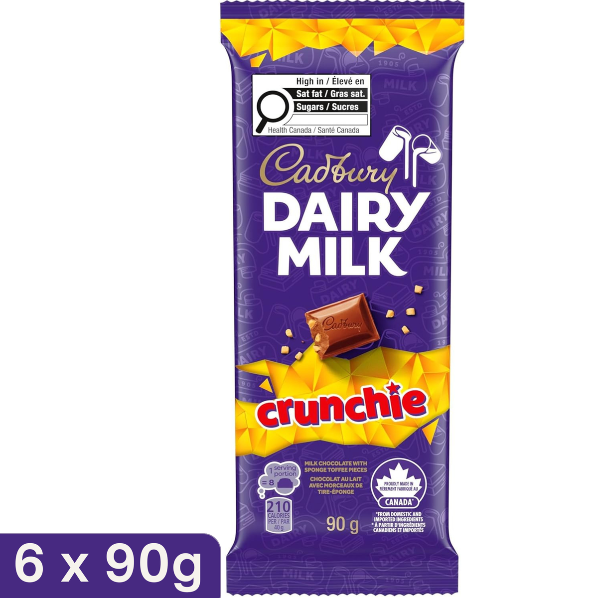 Cadbury Dairy Milk Crunchie Milk Chocolate Bar — Pack of 6 × 90g