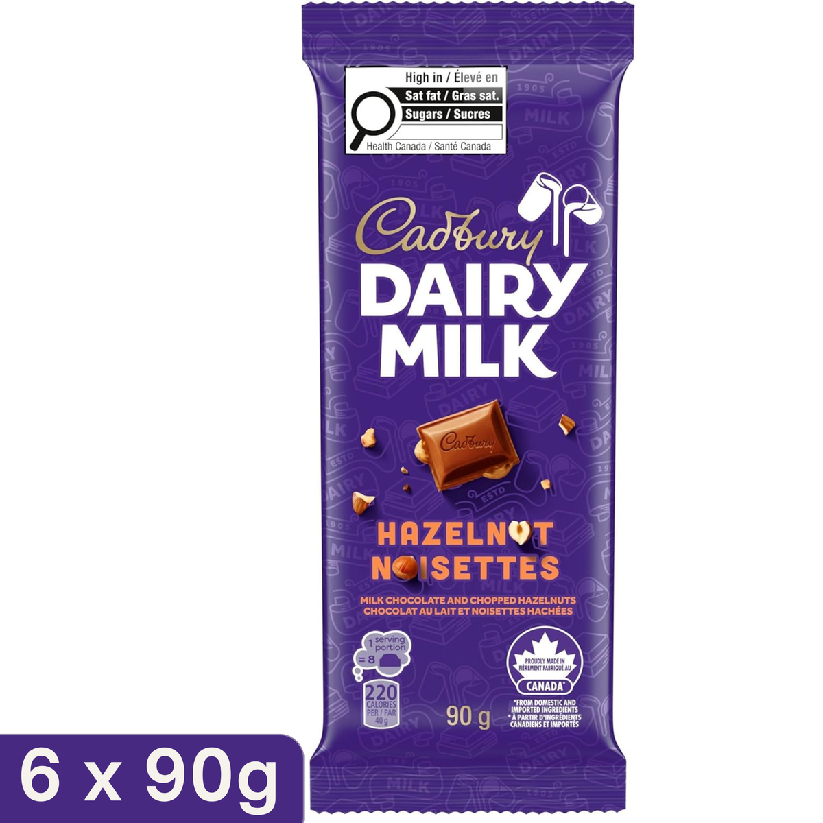 Cadbury Dairy Milk Hazelnut Milk Chocolate Bar — Pack of 6 × 90g