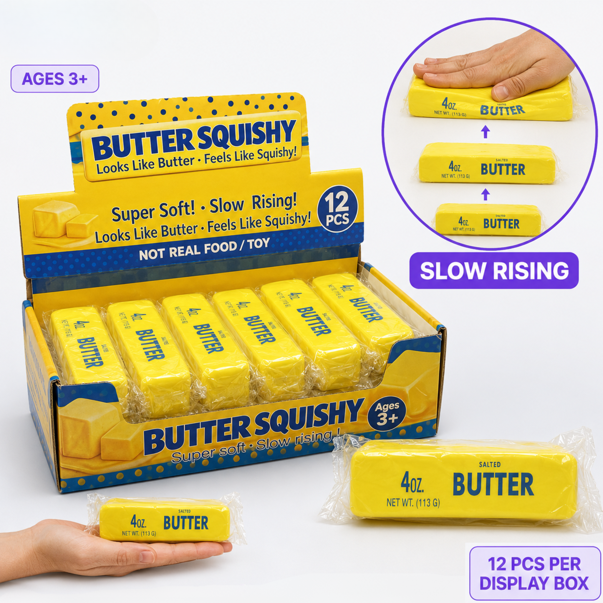 Dream Butter Squishy Slow Rising Stress Ball, Soft Novelty Fidget Toy, 12 Piece Display Box