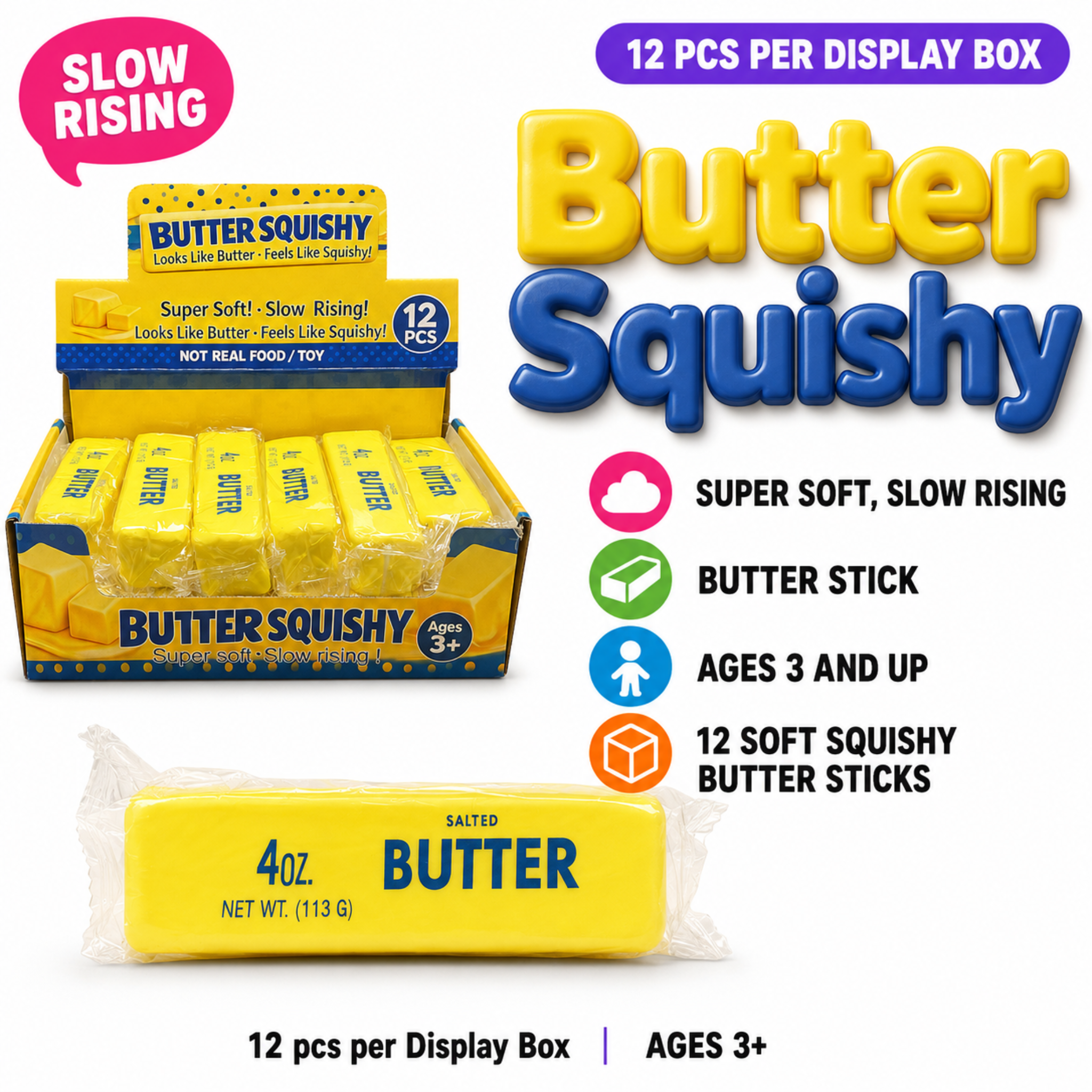Dream Butter Squishy Slow Rising Stress Ball, Soft Novelty Fidget Toy, 12 Piece Display Box