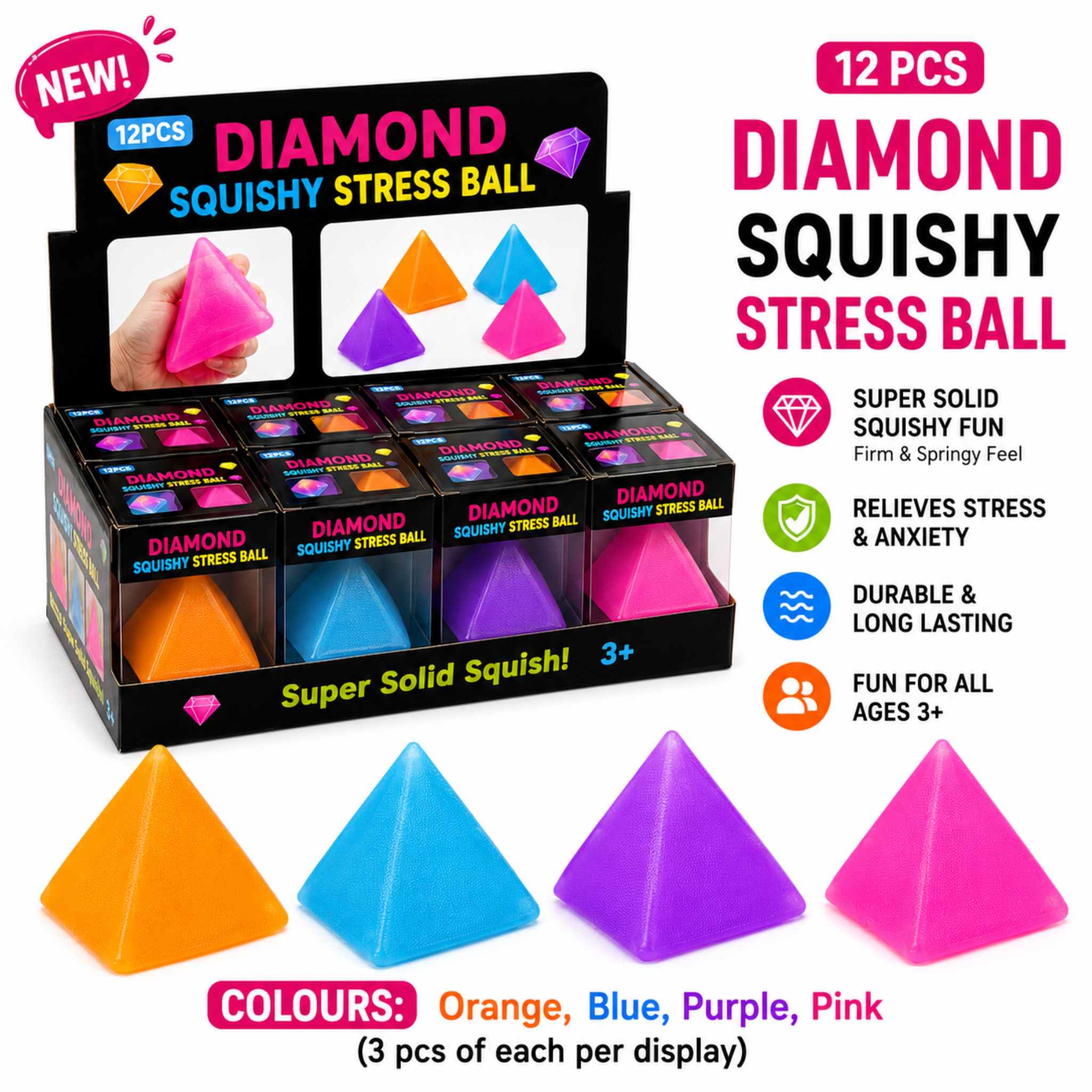 Dream Diamond Squishy Stress Ball, Pyramid Squeeze Fidget Toy, 12 Piece Display Box