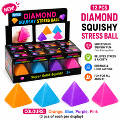 Dream Diamond Squishy Stress Ball, Pyramid Squeeze Fidget Toy, 12 Piece Display Box