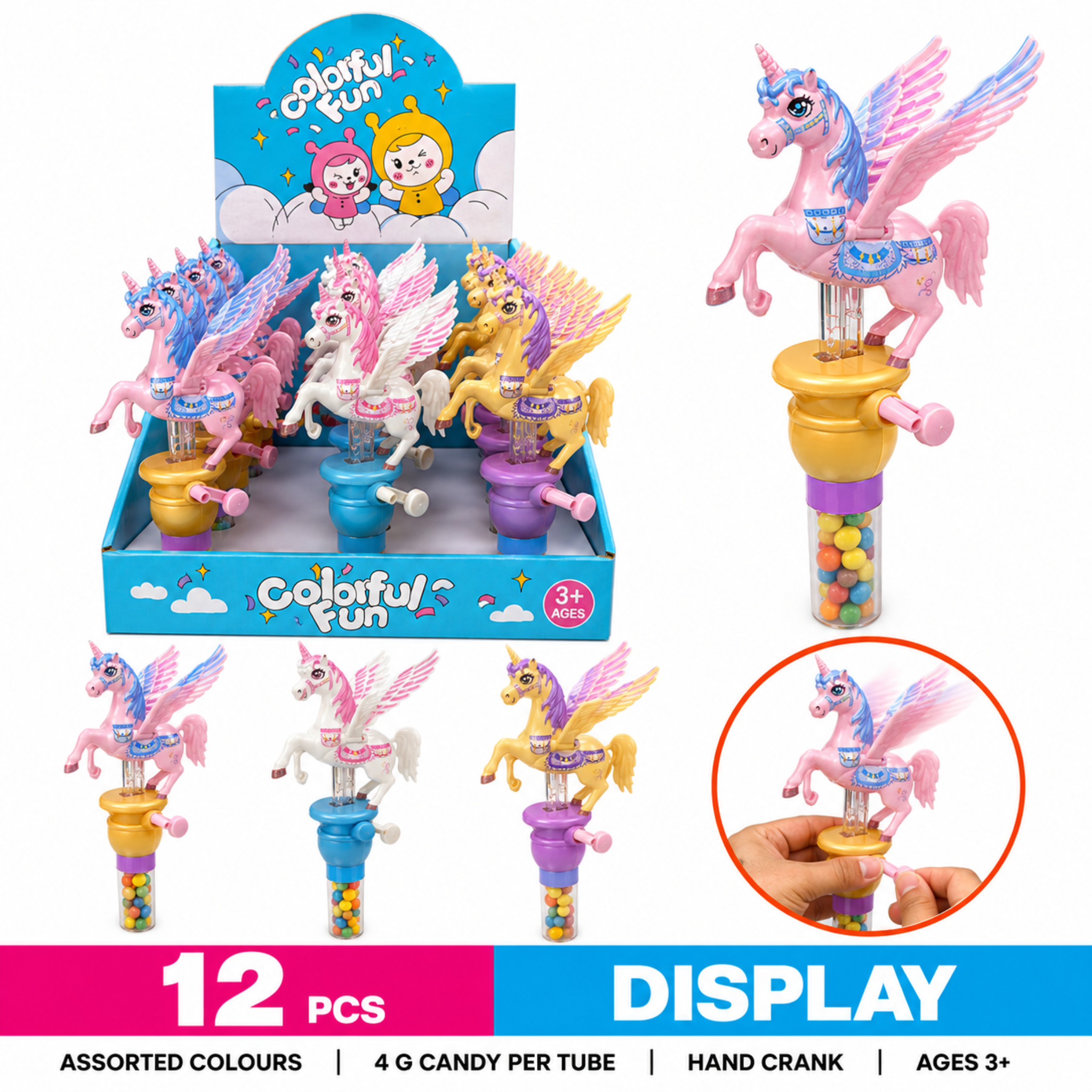 Dream Flying Unicorn Candy Toy, 3 Colours, Hand Crank Flapping Wings, 12 Piece Display Box