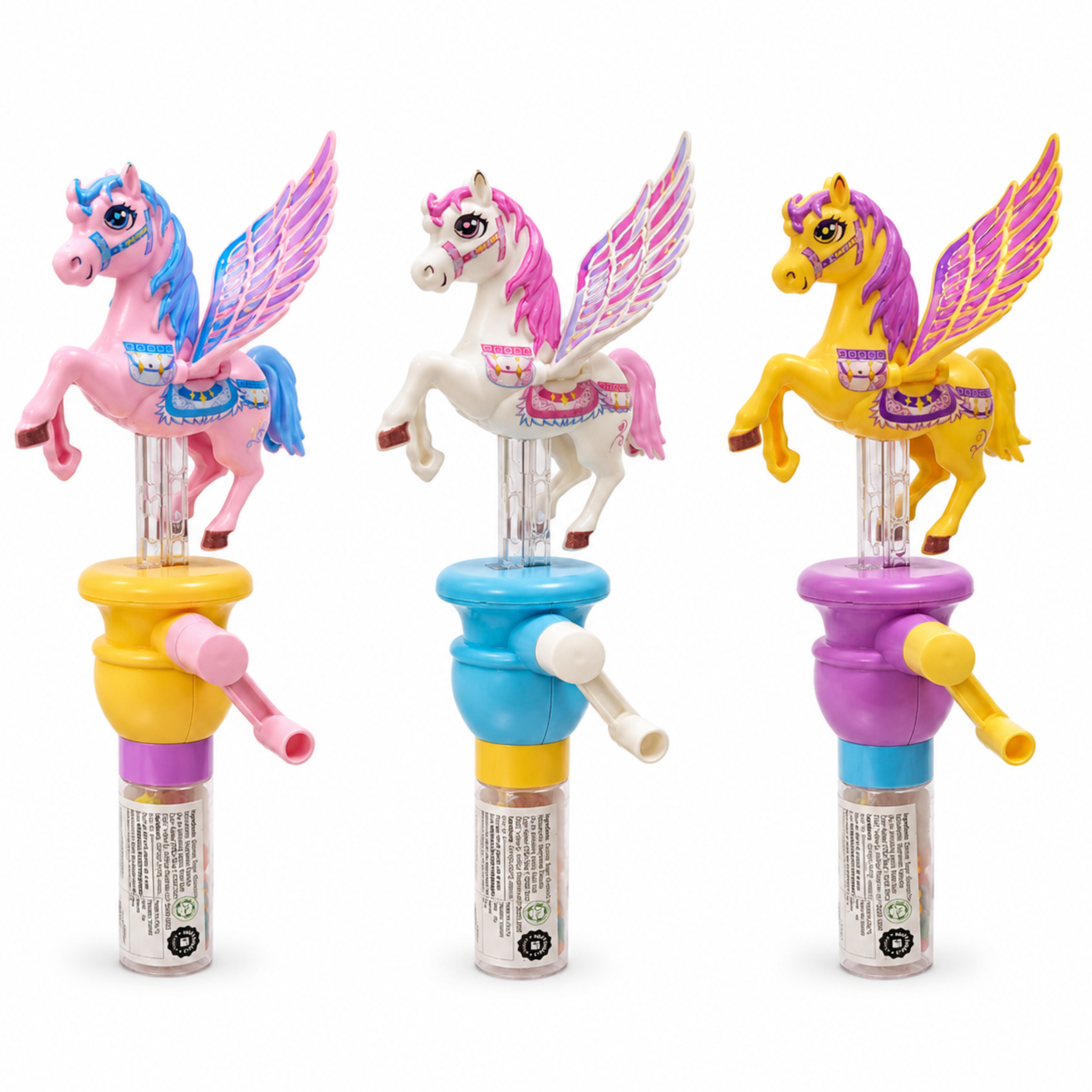 Dream Flying Unicorn Candy Toy, 3 Colours, Hand Crank Flapping Wings, 12 Piece Display Box