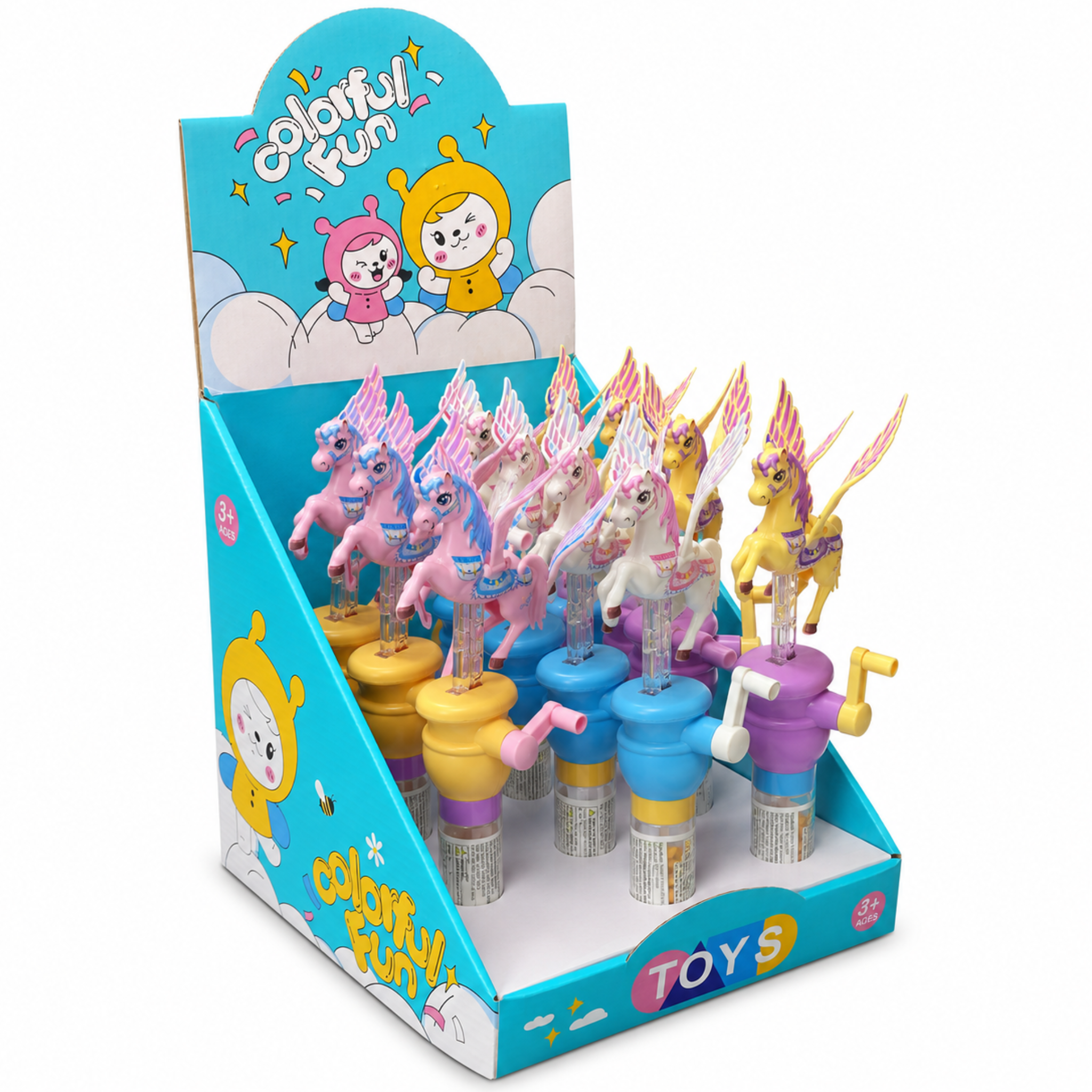 Dream Flying Unicorn Candy Toy, 3 Colours, Hand Crank Flapping Wings, 12 Piece Display Box