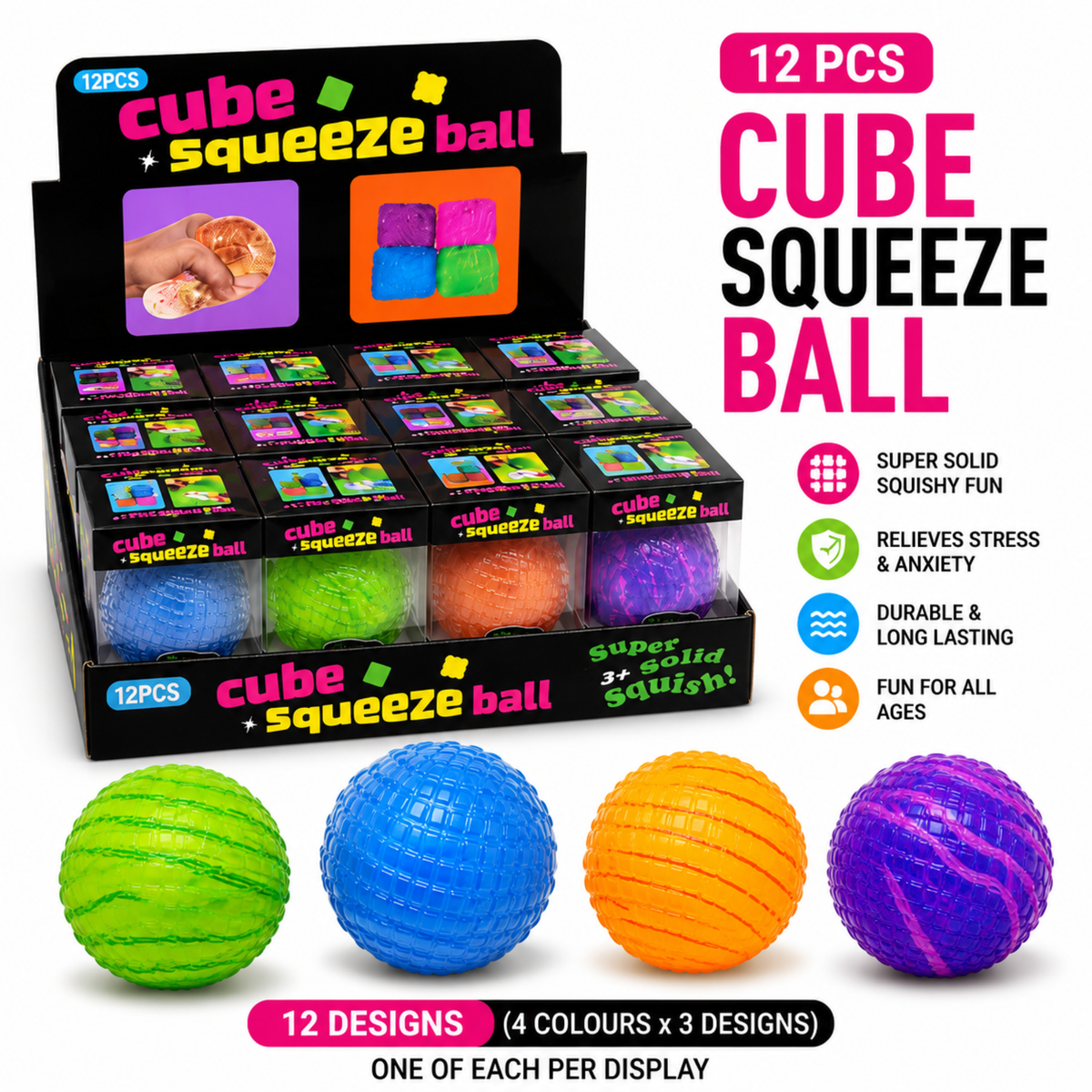 Dream Cube Squeeze Ball Squishy Stress Ball, Neon Colours Fidget Toy, 12 Piece Display Box