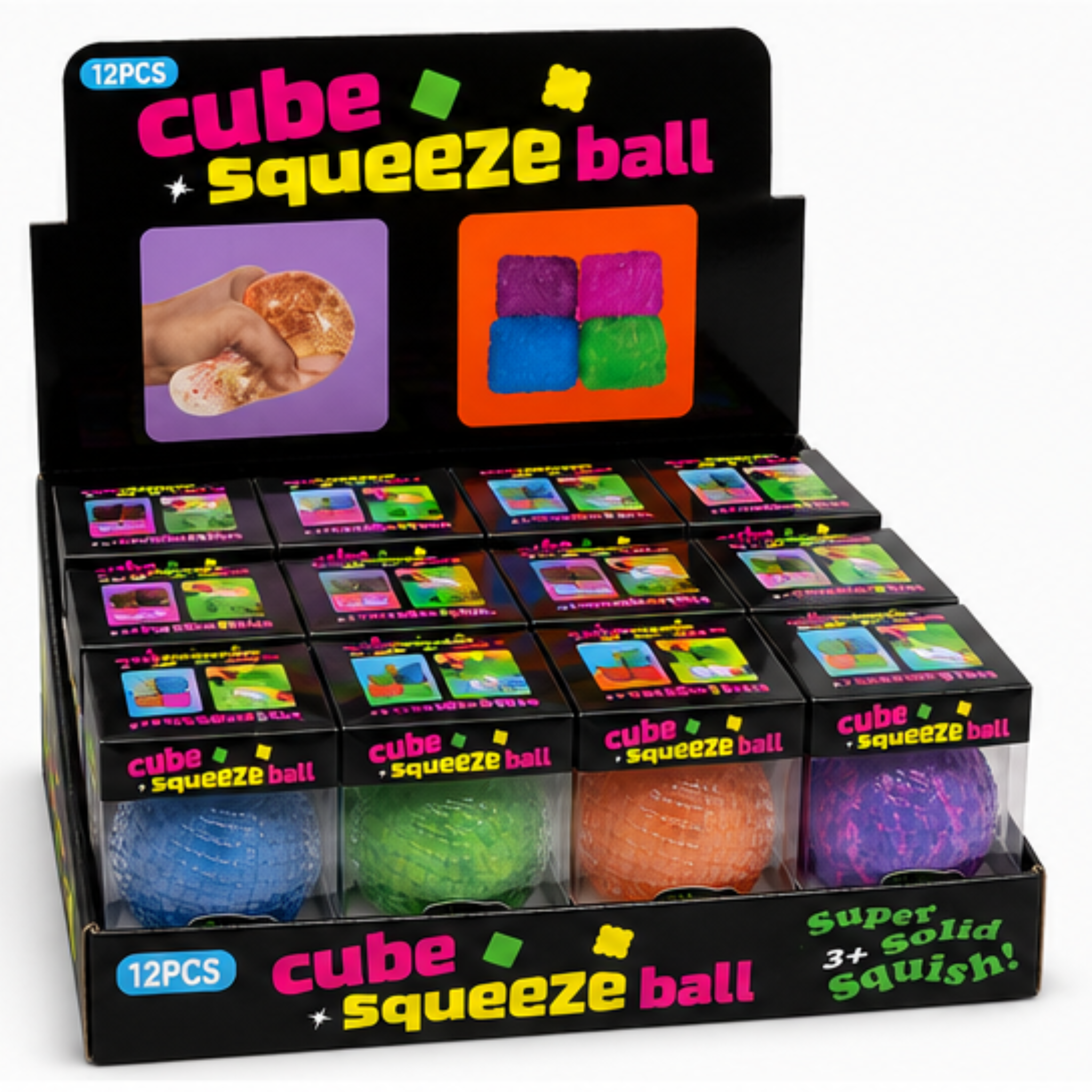 Dream Cube Squeeze Ball Squishy Stress Ball, Neon Colours Fidget Toy, 12 Piece Display Box