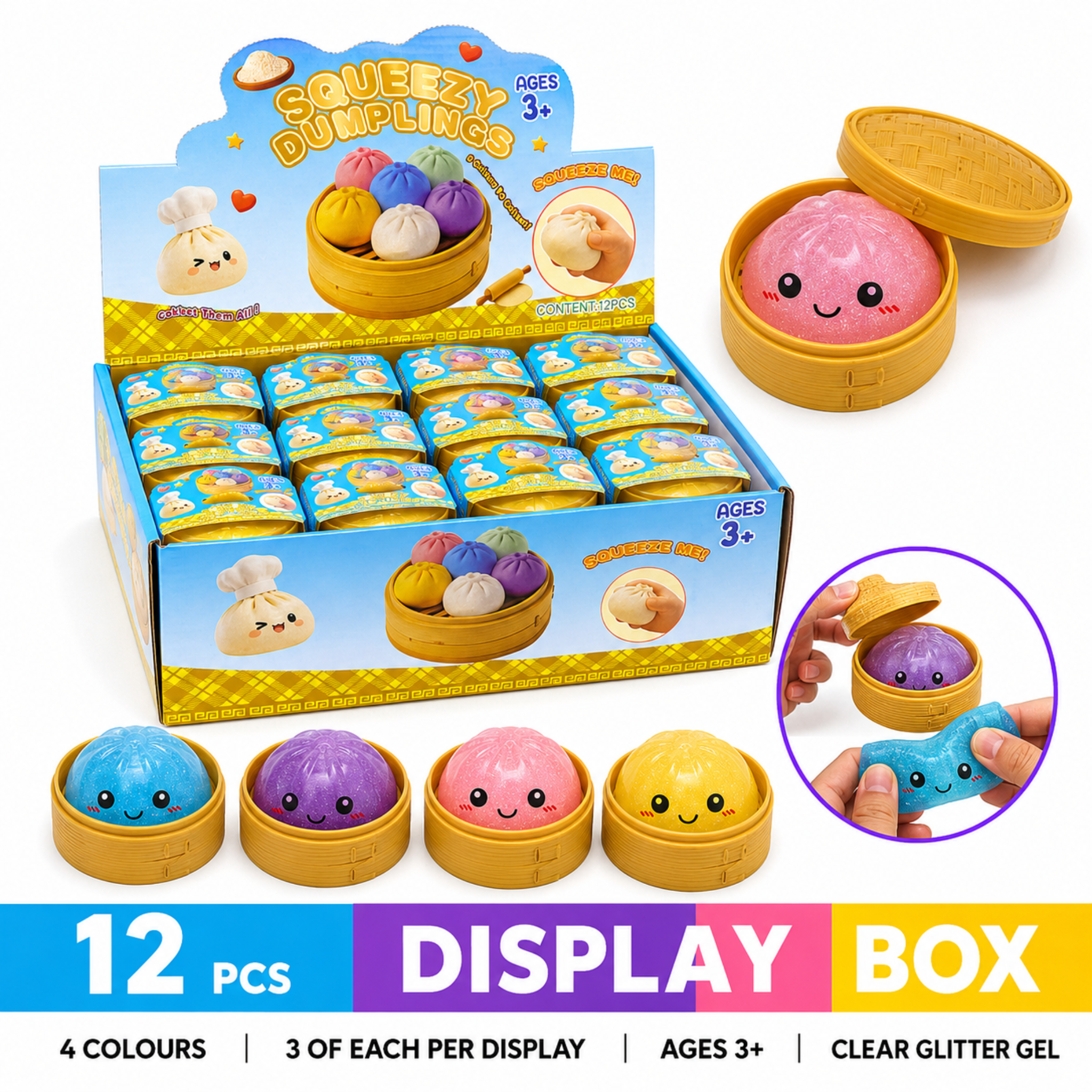 Dream Squeezy Dumplings Squishy Stress Ball with Steamer Basket, 12 Piece Display Box