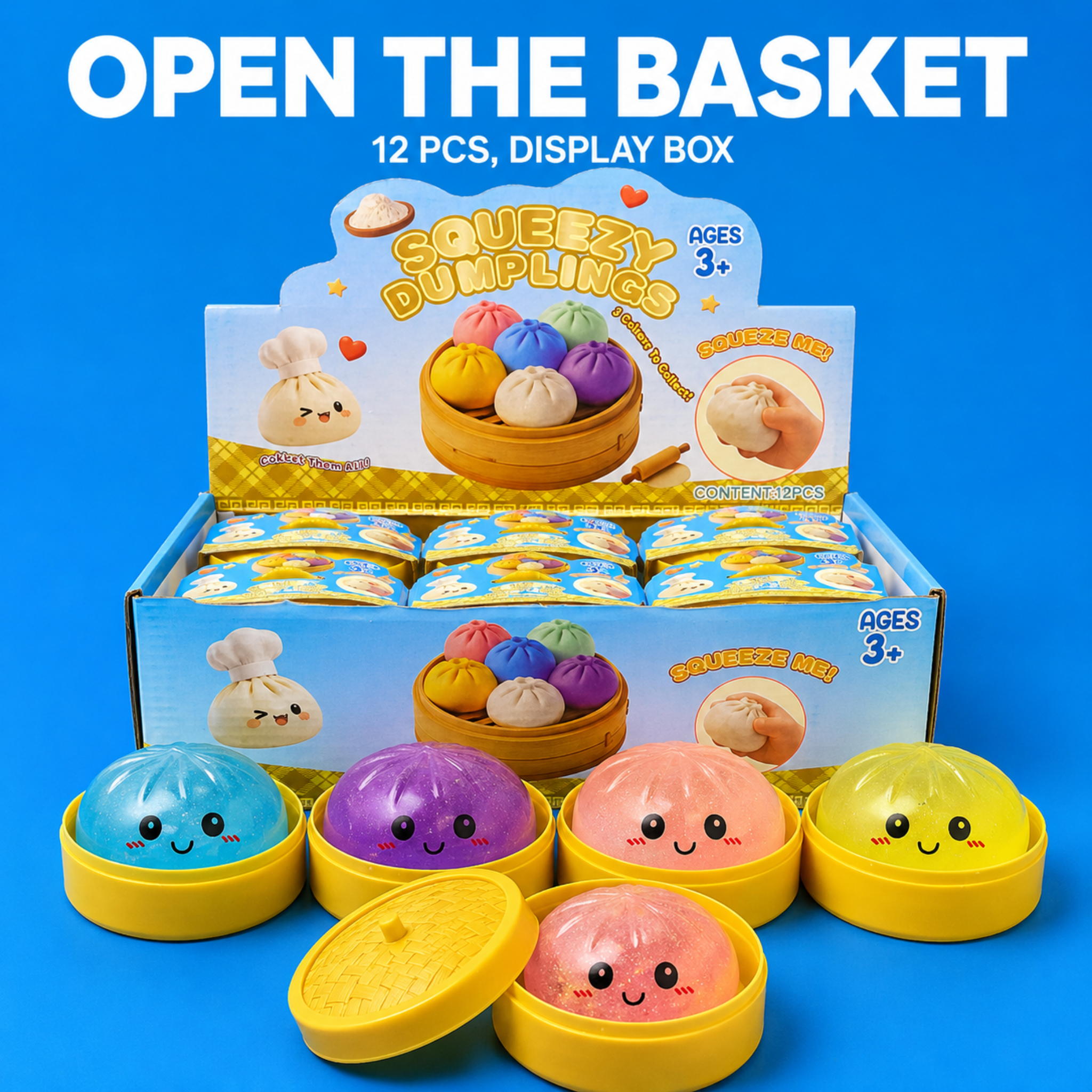 Dream Squeezy Dumplings Squishy Stress Ball with Steamer Basket, 12 Piece Display Box