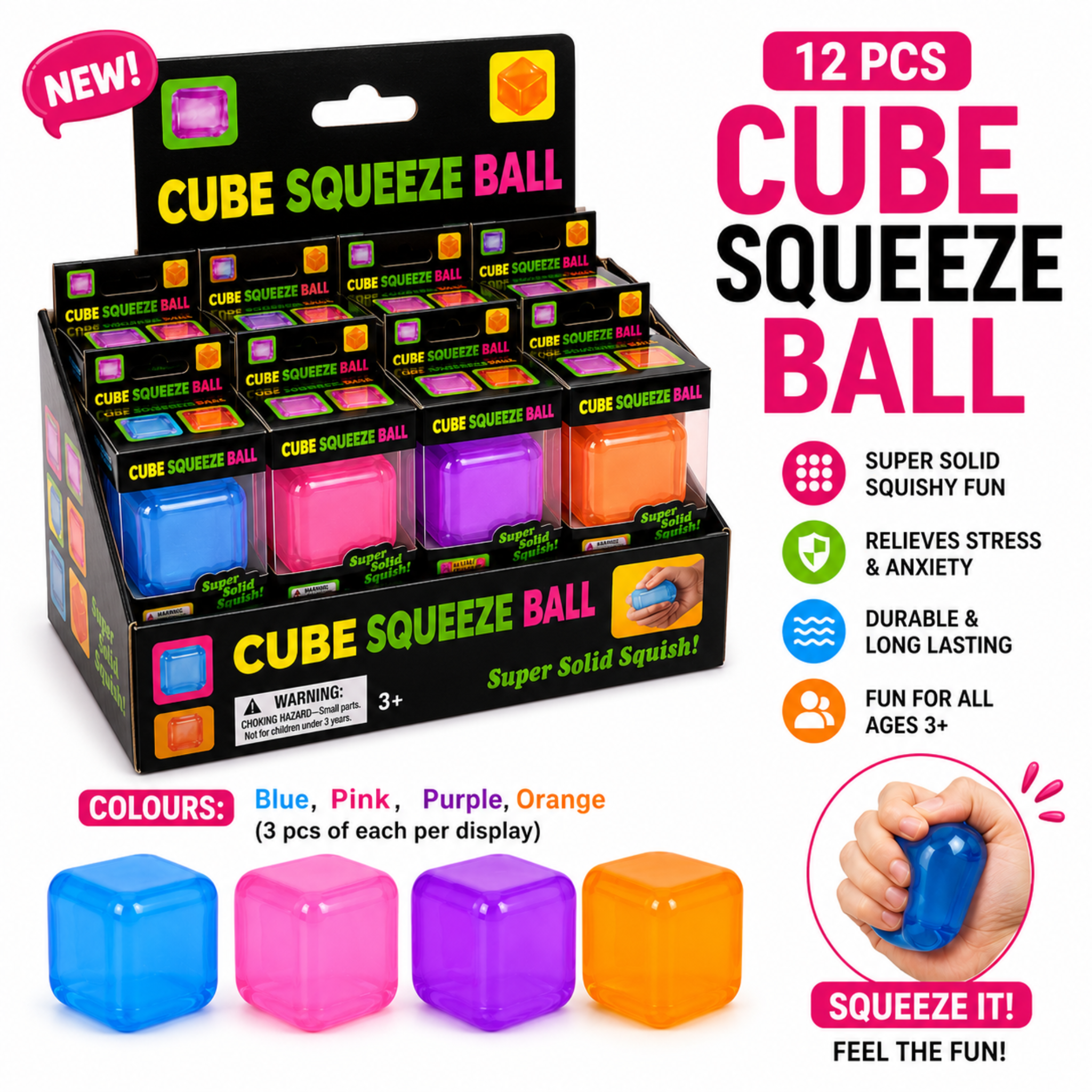 Dream Squishy Cube Stress Ball, Soft Squeeze Fidget Toy, 12 Piece Display Box