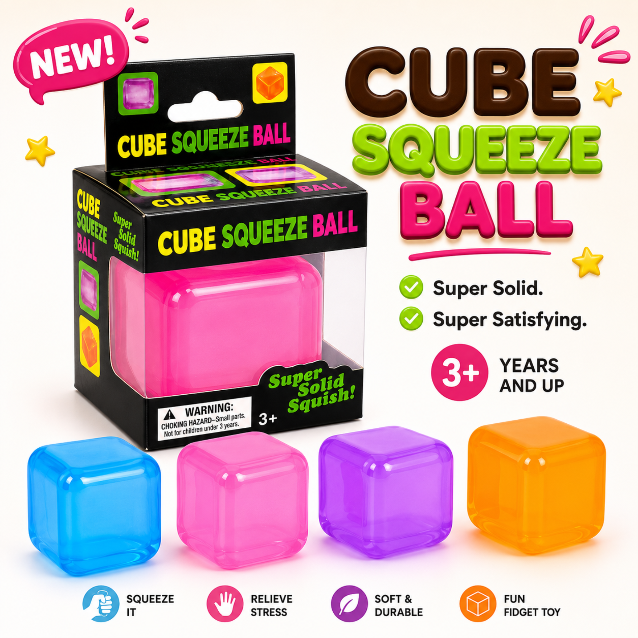 Dream Squishy Cube Stress Ball, Soft Squeeze Fidget Toy, 12 Piece Display Box