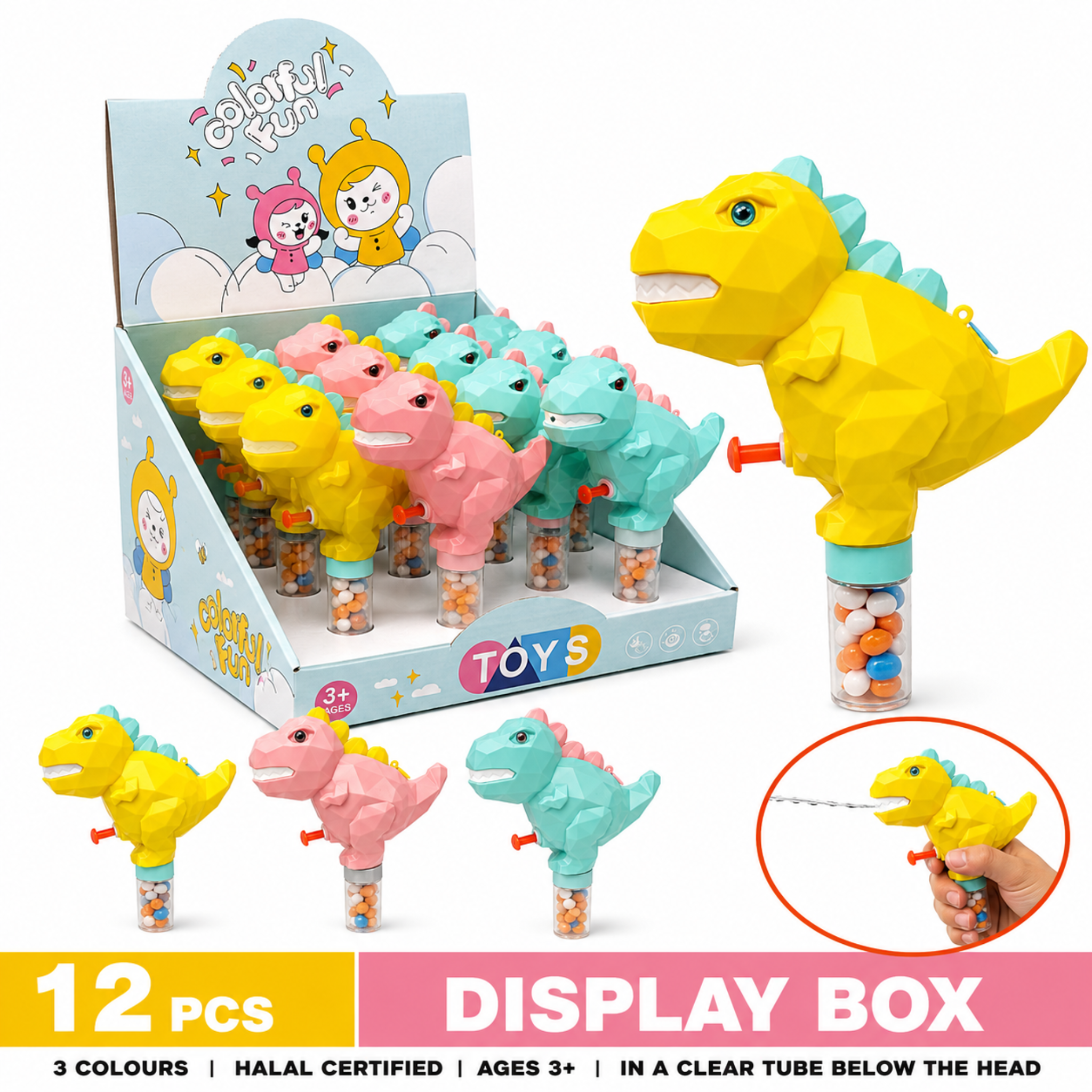 Dream T-Rex Dinosaur Water Squirter Candy Toy, 3 Colours, Halal, 12 Piece Display Box