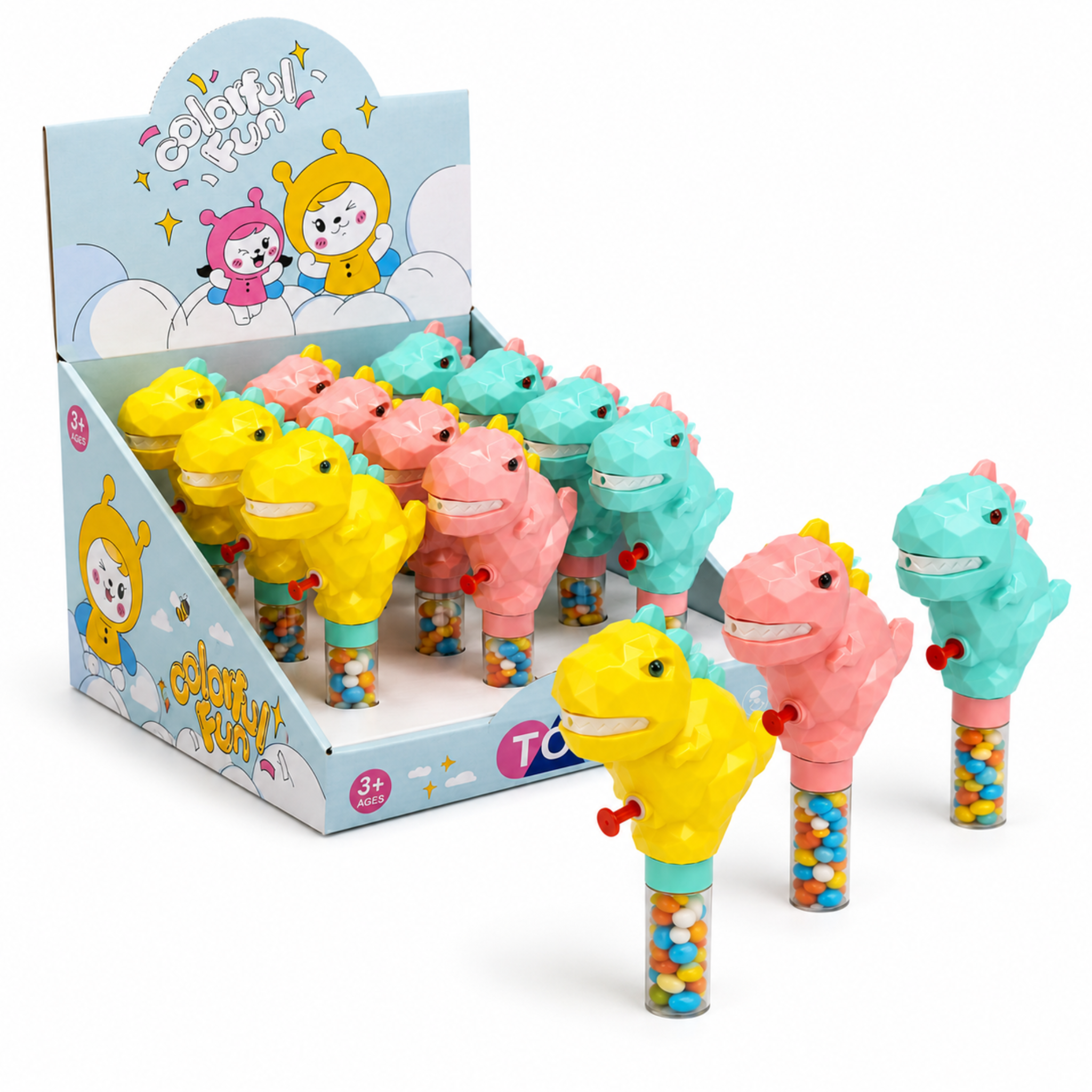 Dream T-Rex Dinosaur Water Squirter Candy Toy, 3 Colours, Halal, 12 Piece Display Box