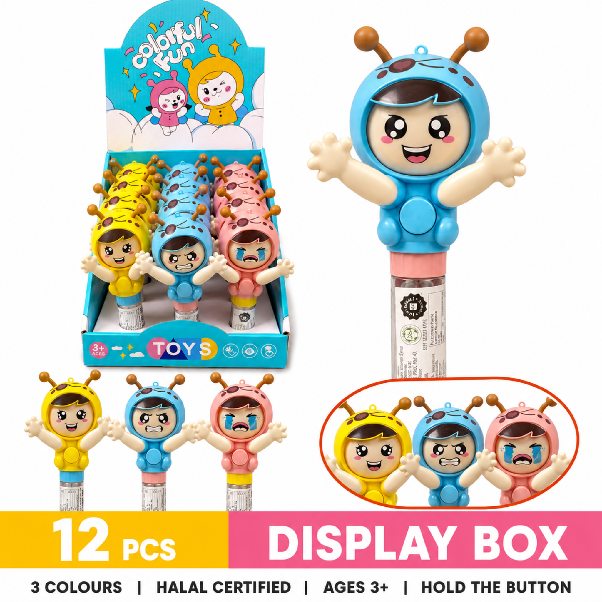 Dream Face Changer Candy Toy, 3 Colours, Press to Spin 3 Faces, Halal, 12 Piece Display Box