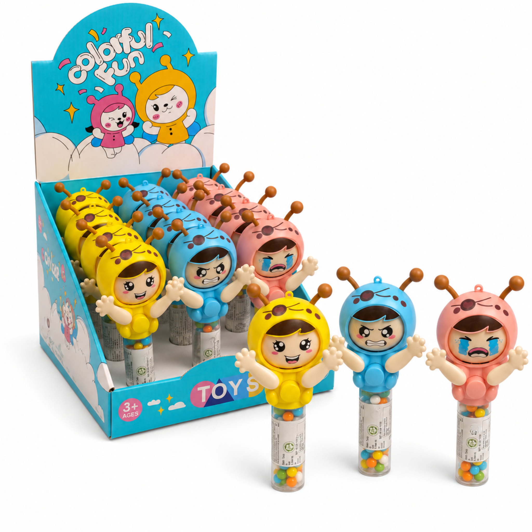 Dream Face Changer Candy Toy, 3 Colours, Press to Spin 3 Faces, Halal, 12 Piece Display Box
