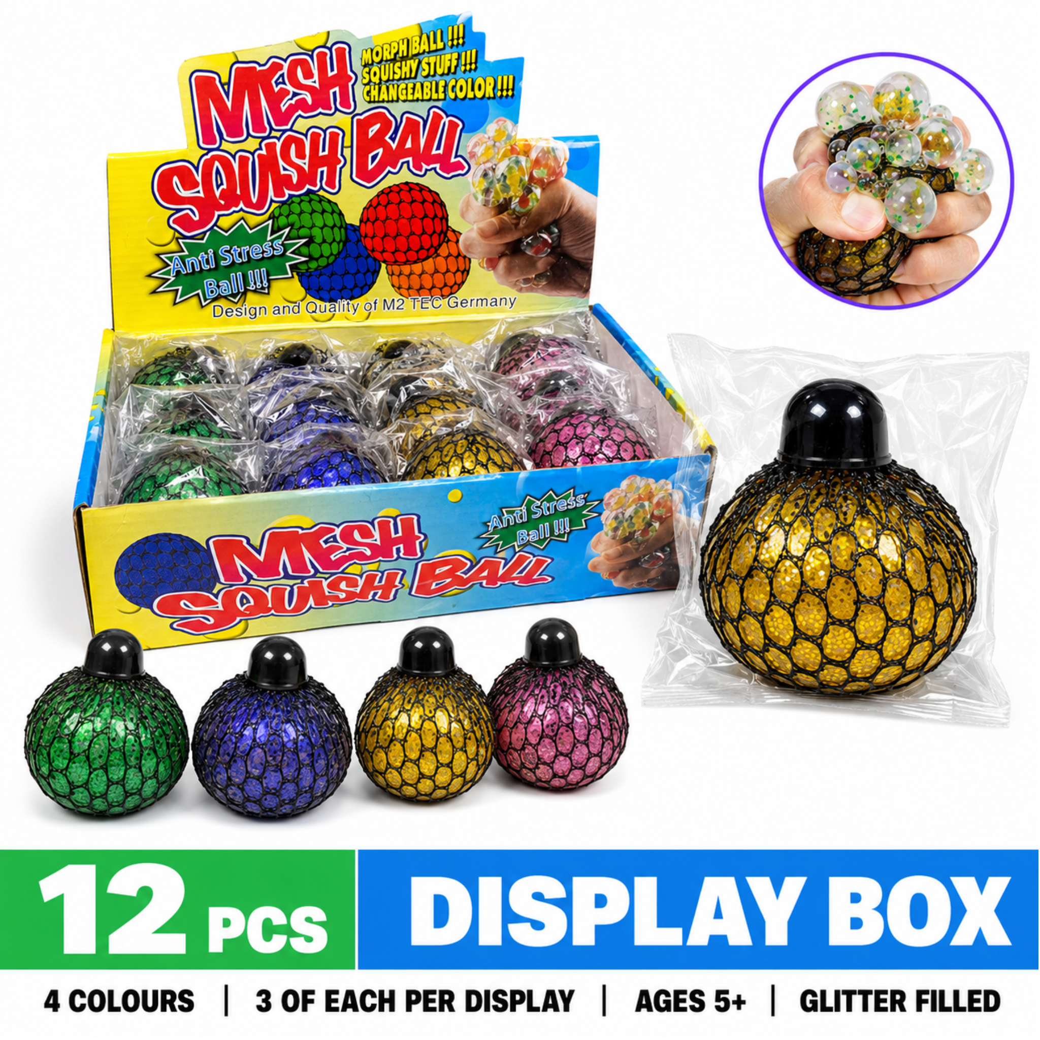 Dream Mesh Squish Ball Glitter, Squeeze Stress Relief Fidget Toy, 12 Piece Display Box