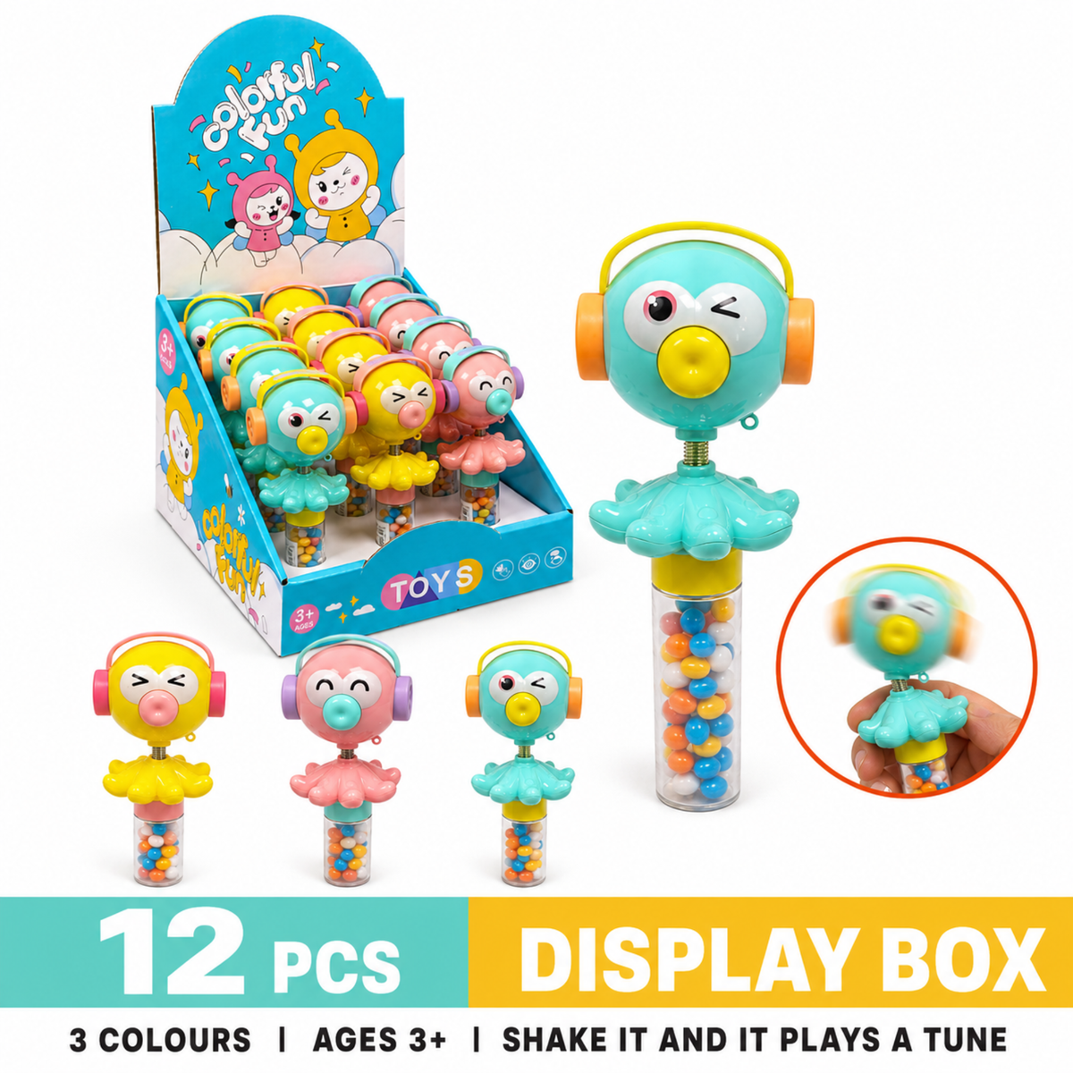 Dream Music Bird Bobble Head Candy Toy, 3 Colours, 12 Piece Display Box