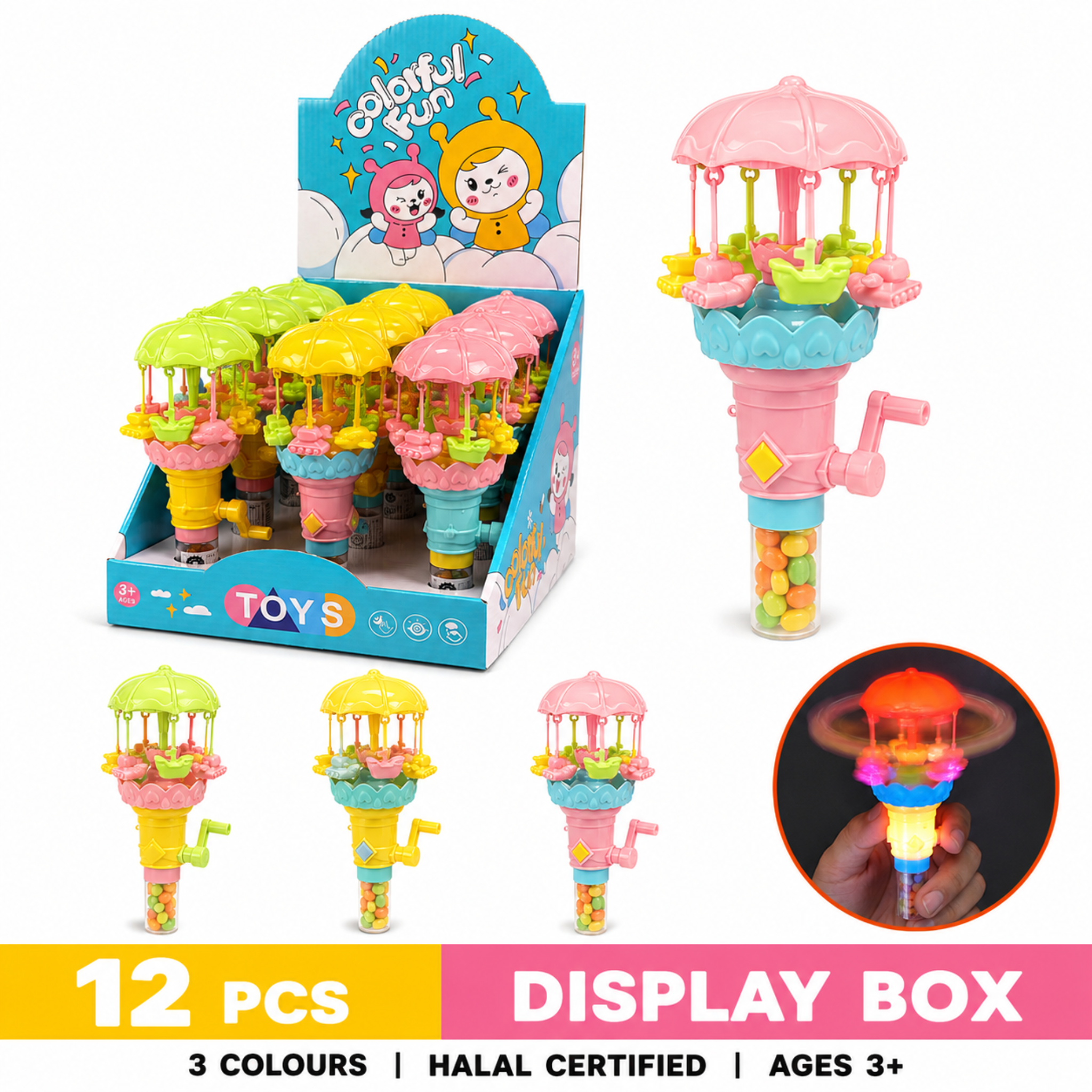 Dream Spinning Carousel Light Up Candy Toy, 3 Colours, Halal, 12 Piece Display Box