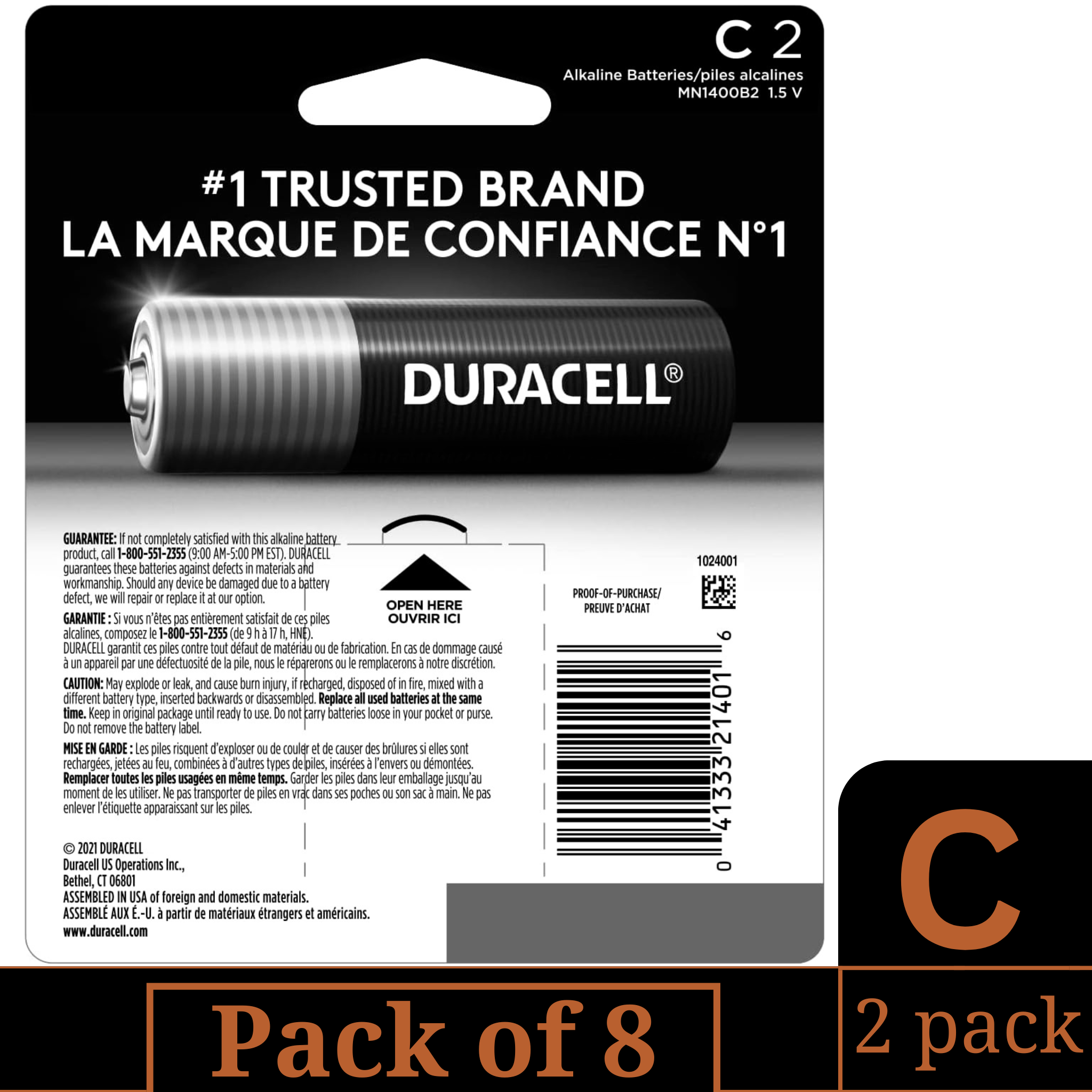 Duracell Coppertop C Alkaline Batteries – 2 Count Pack of 8 – Long Lasting Power Bulk Pack