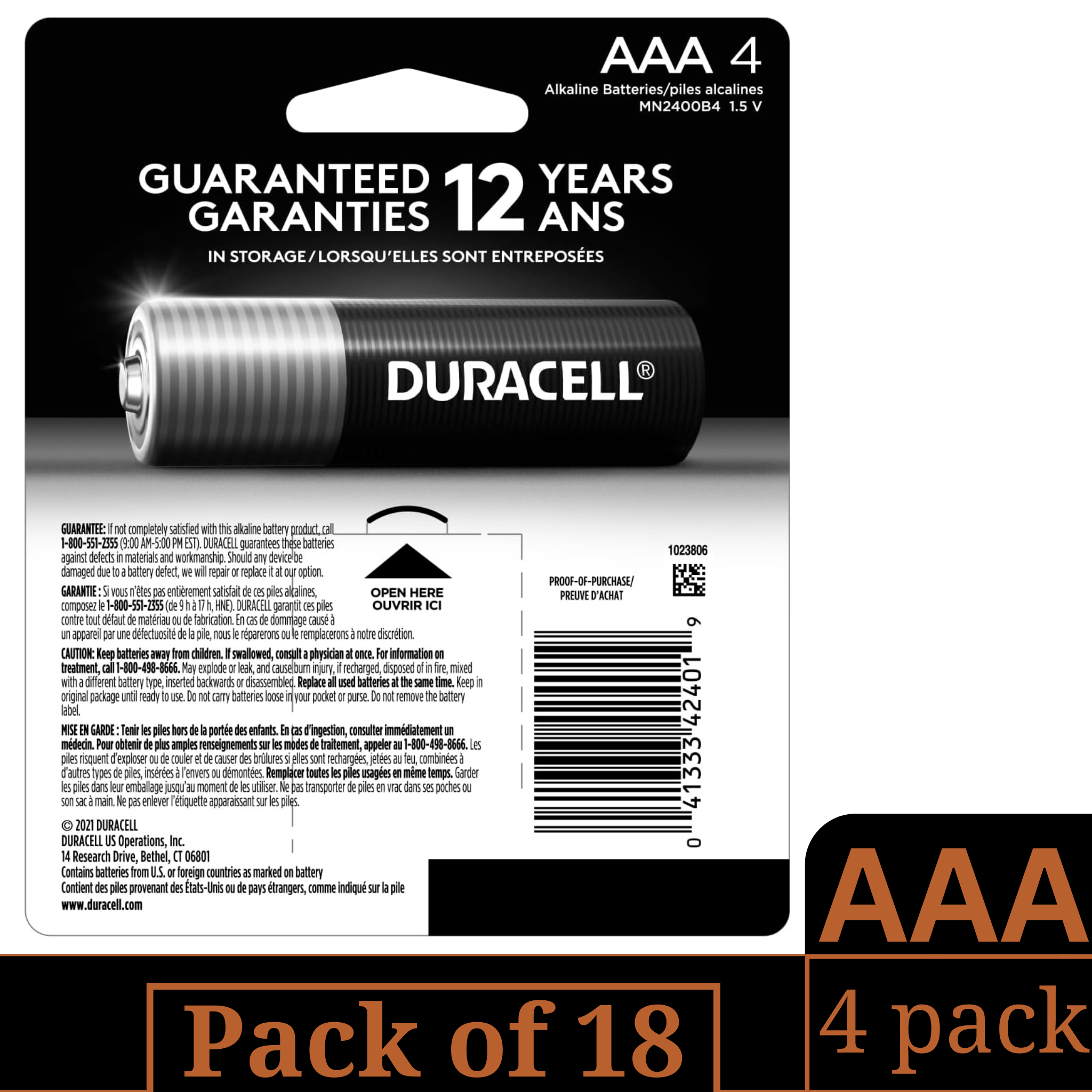 Duracell Coppertop AAA Alkaline Batteries Bulk – 4-Count x 18 Pack (72 Cells)
