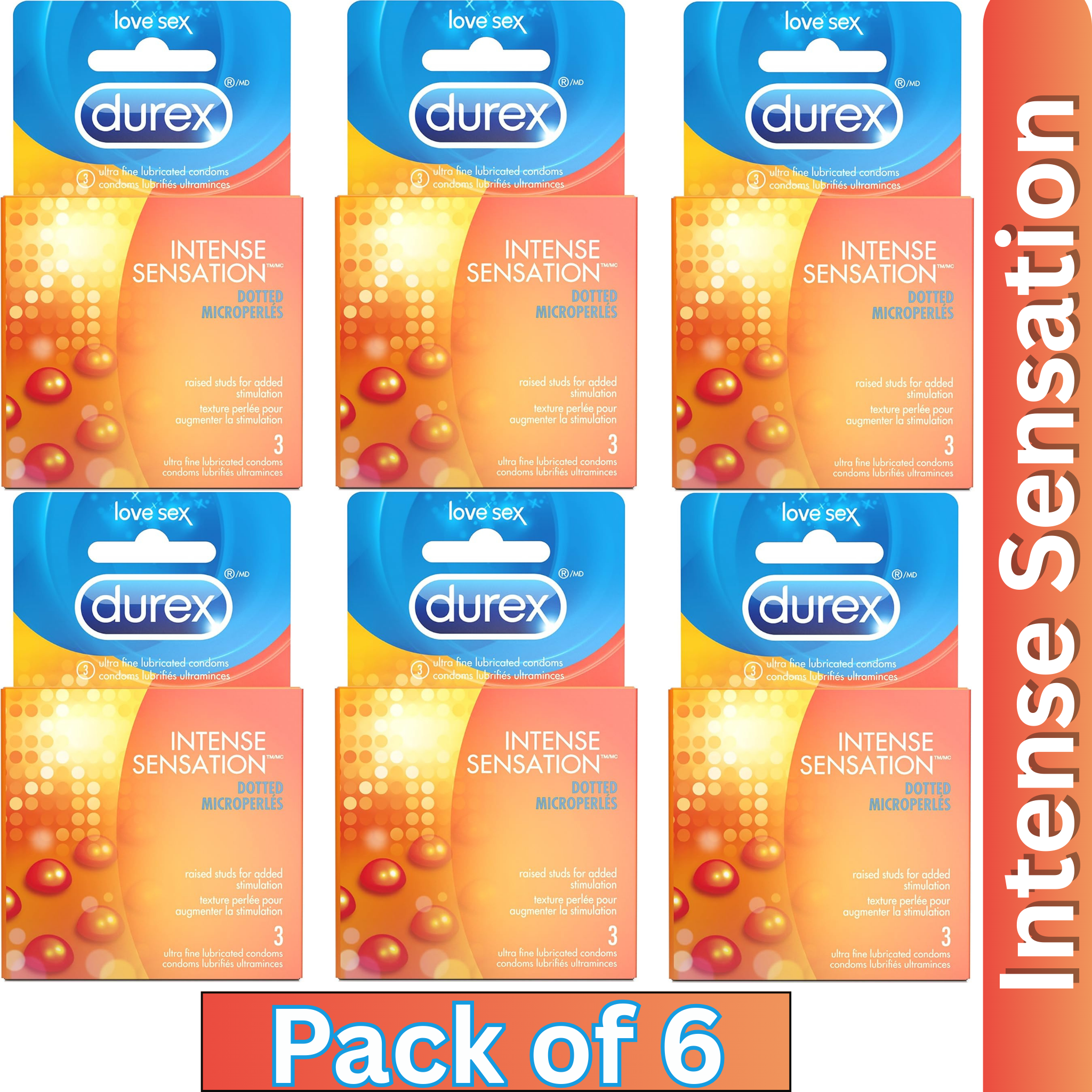 Durex Intense Sensation 3ct Condoms Pack of 6 – Dotted Microperles Ultra Fine Latex